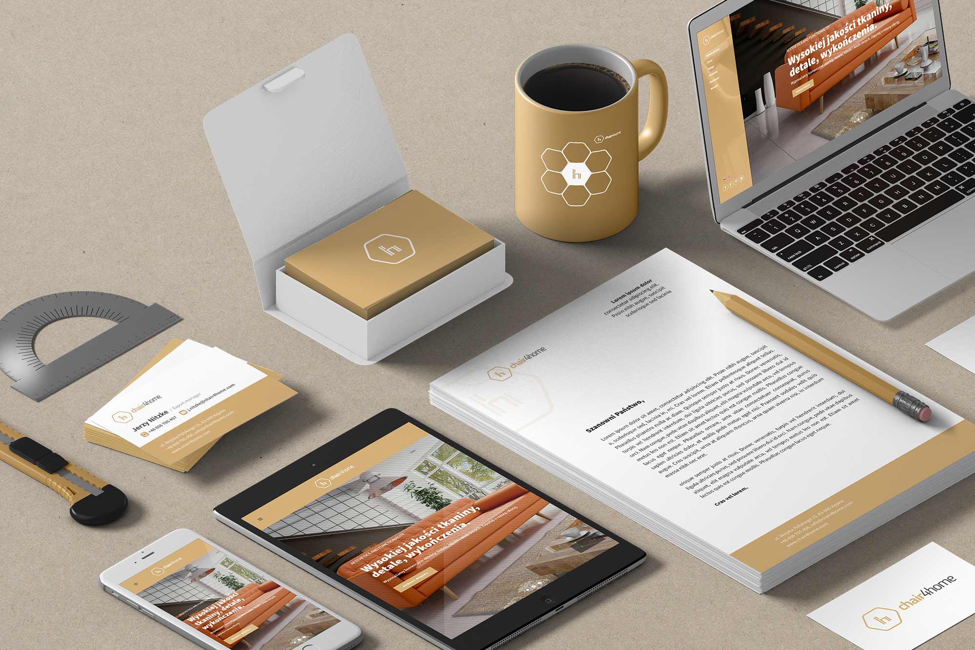 chair4home – brand identity in context: stationery mockup with laptop, tablet and mug