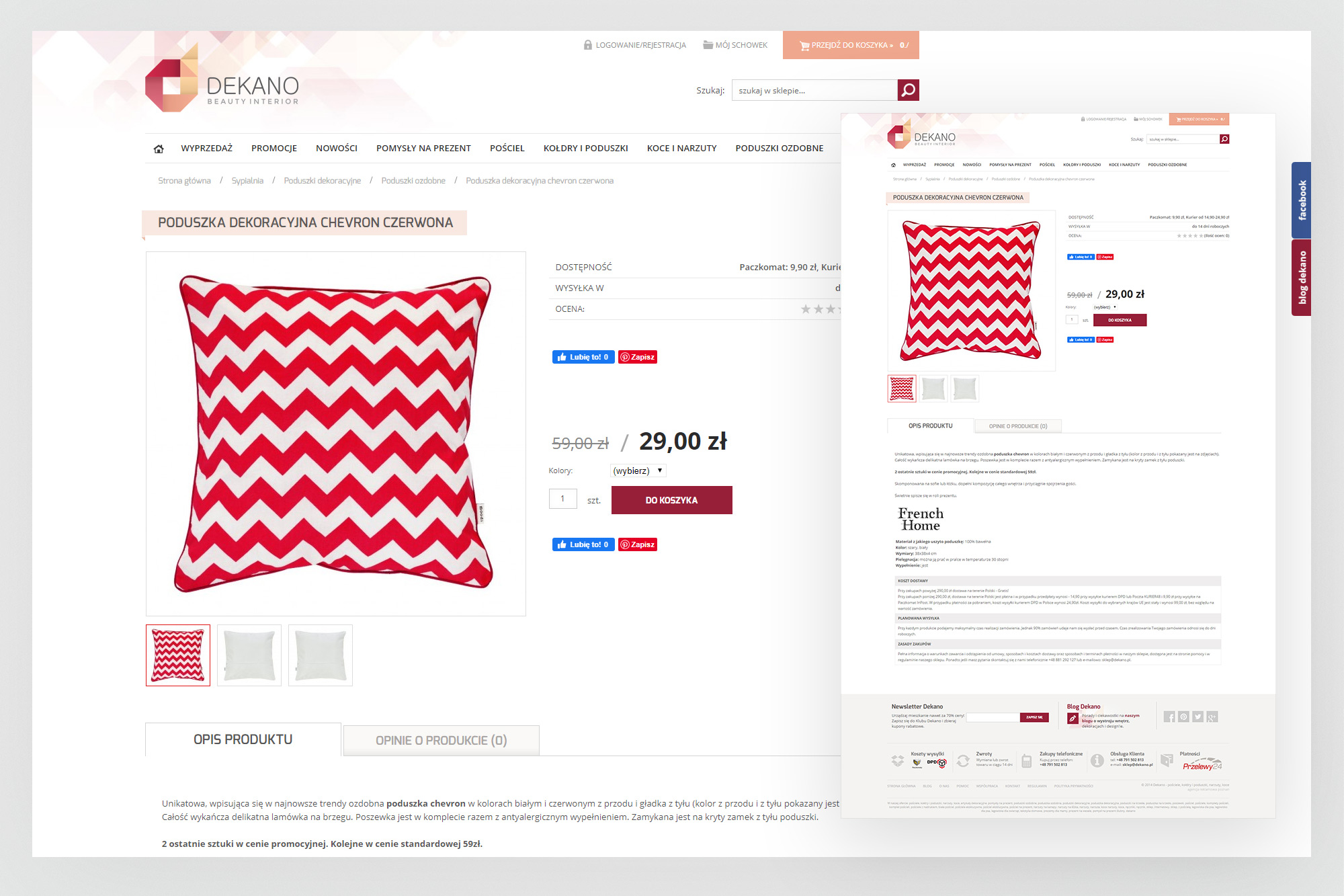 Dekano – product detail page for Chevron cushion with image gallery and add to cart