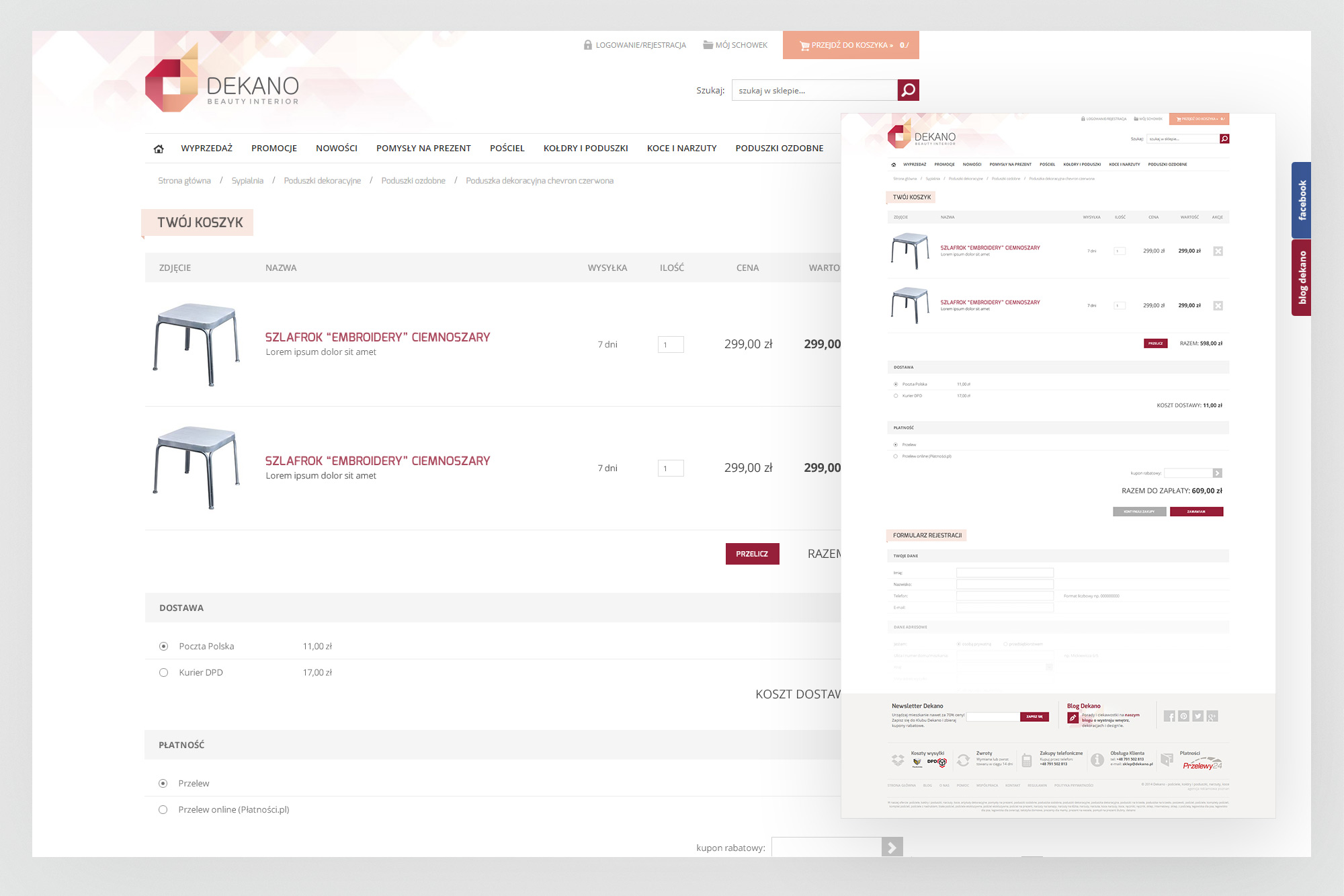 Dekano – cart page with product list, delivery options and payment methods