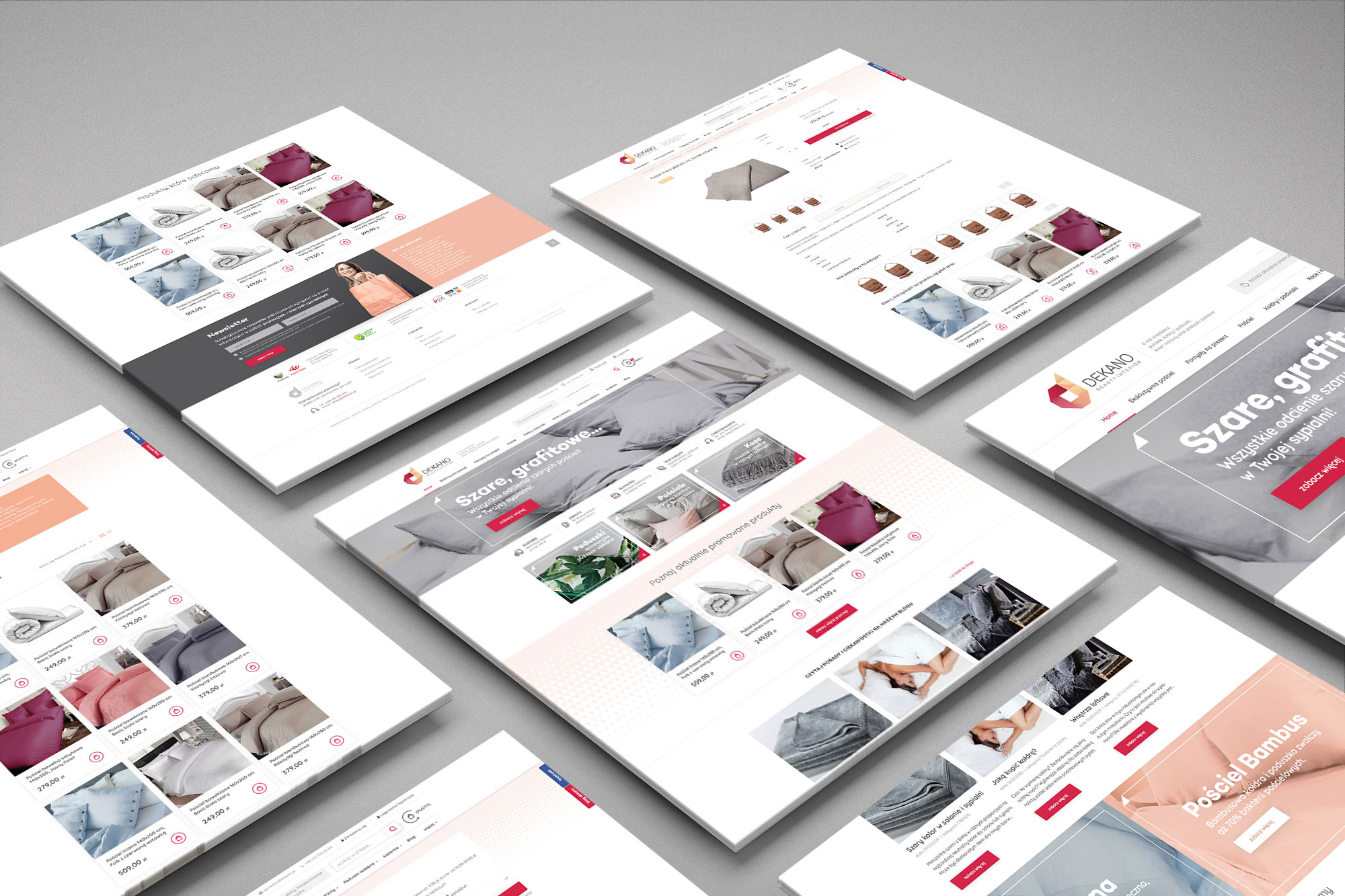 Dekano – v2 redesign concept showing multiple page views in an isometric layout