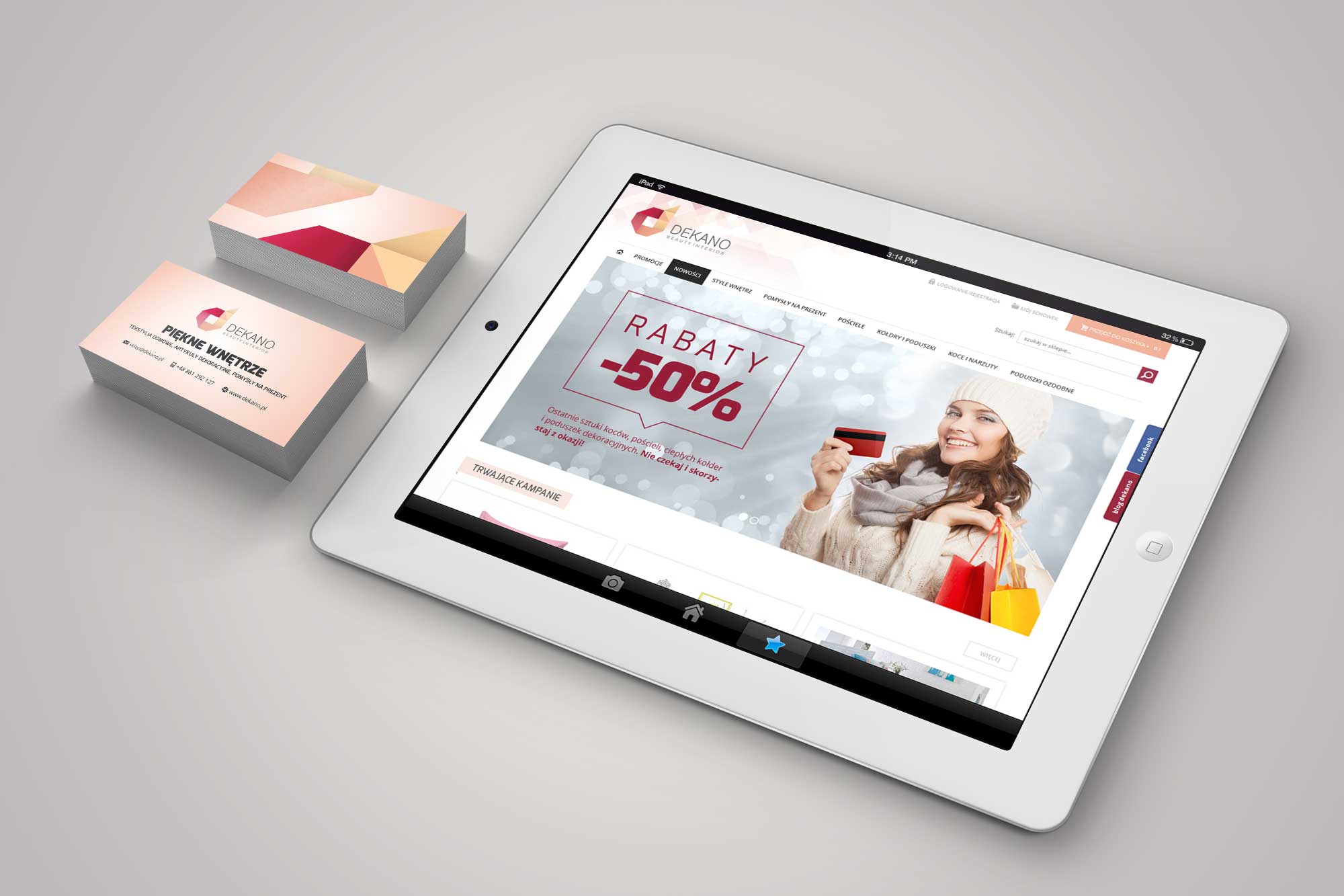 Dekano – homepage on iPad with business cards, showing promotional slider