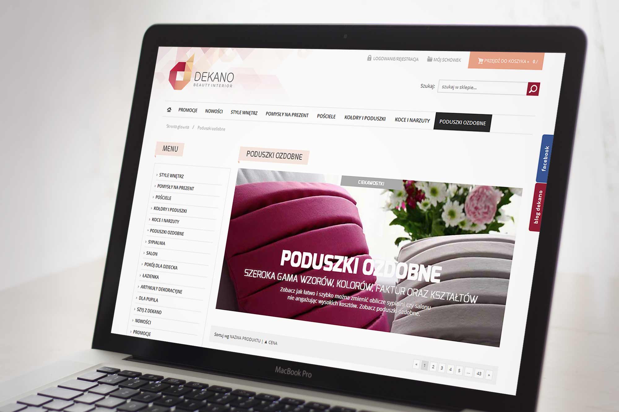 Dekano – category page on MacBook Pro, decorative cushions