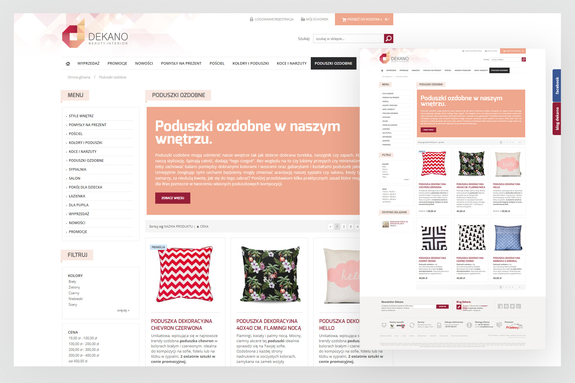Dekano – category listing page for decorative cushions with product grid