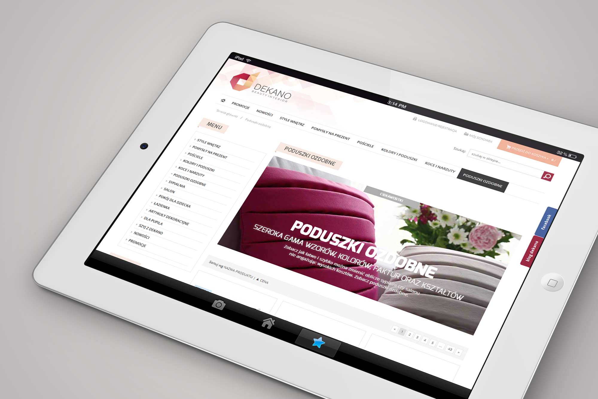 Dekano – category listing on iPad, cushions section