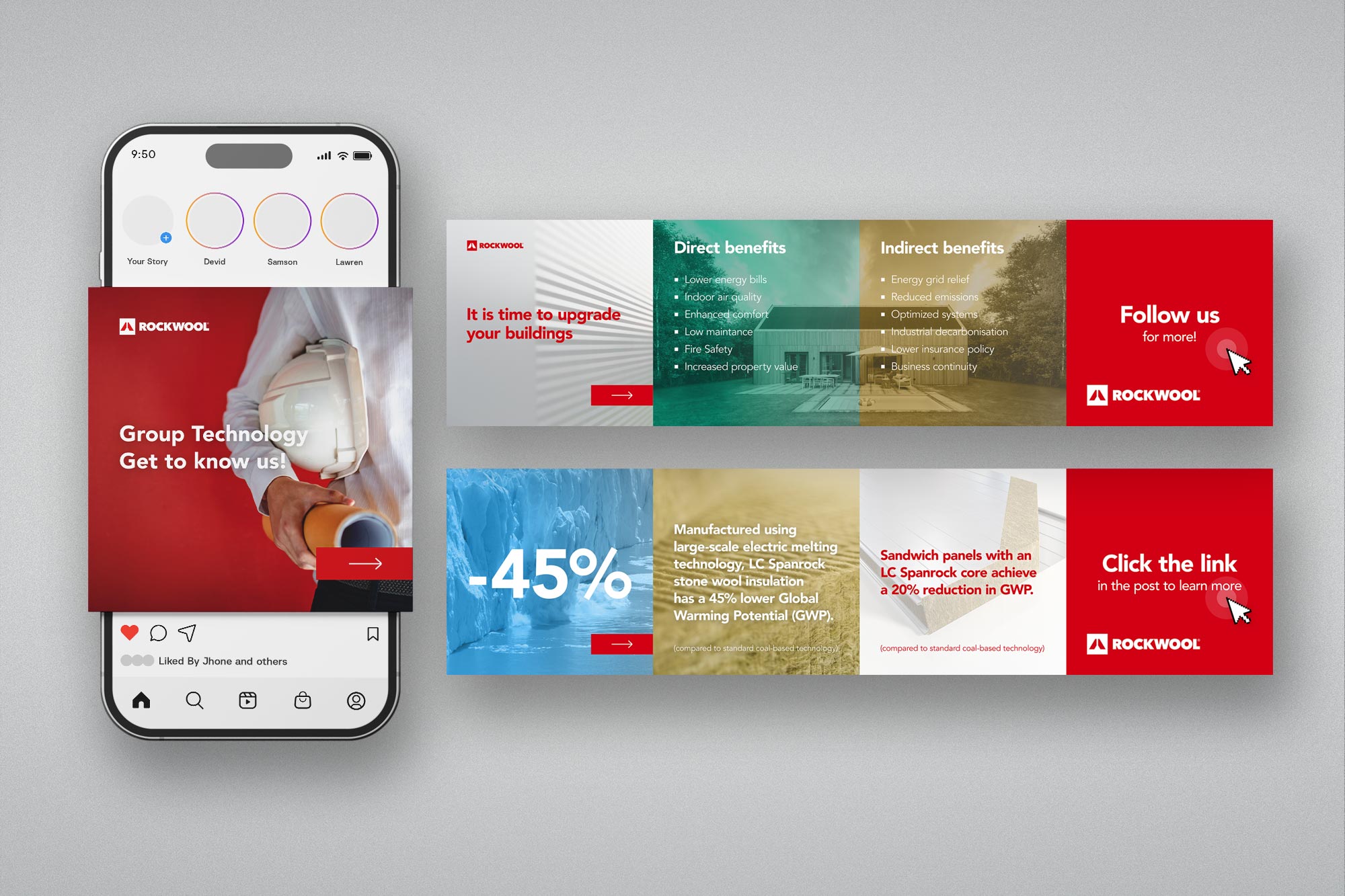 ROCKWOOL product social media - building insulation benefits and -45% GWP