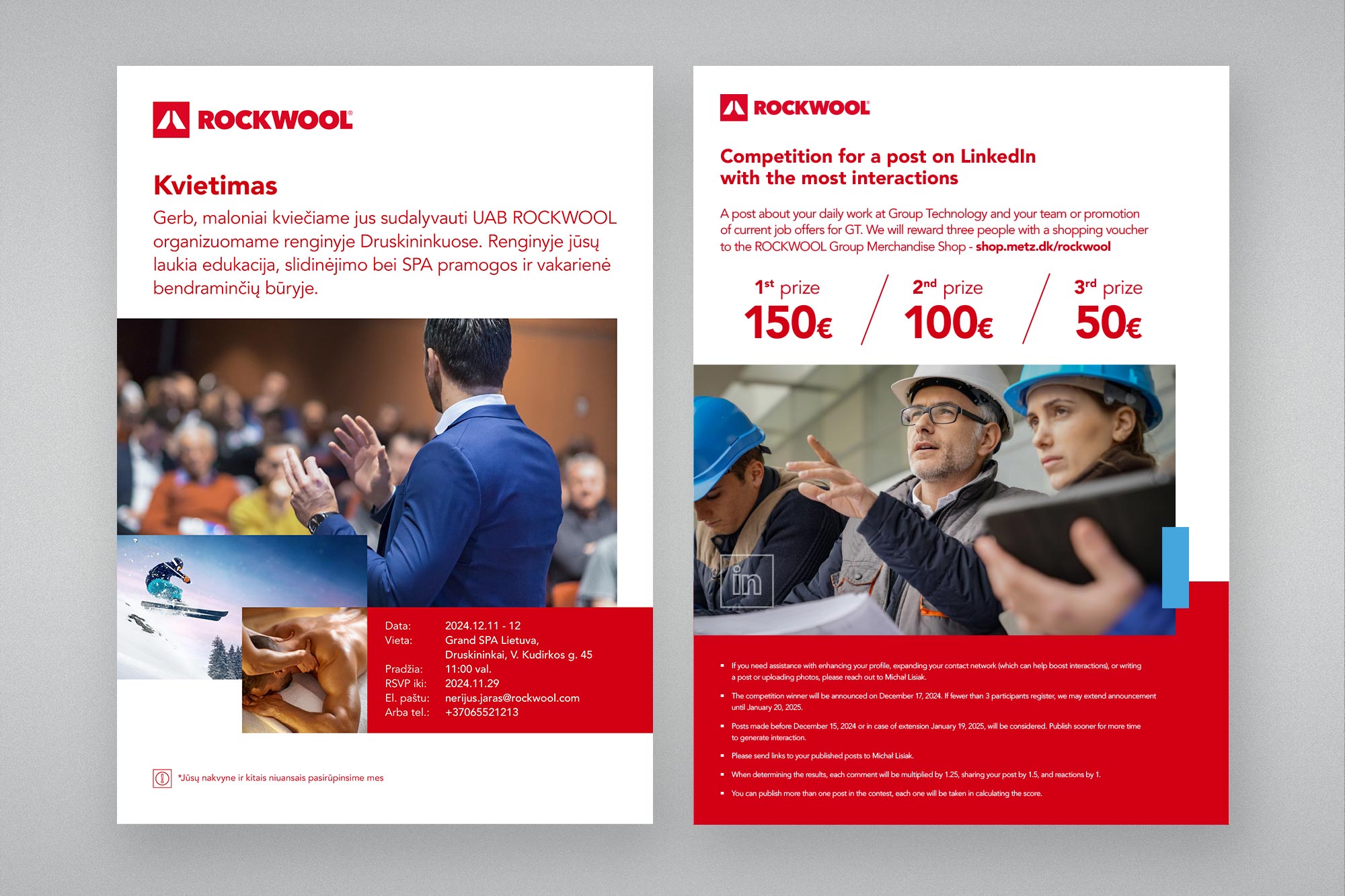 ROCKWOOL print - event invitation (Lithuanian) and LinkedIn competition flyer