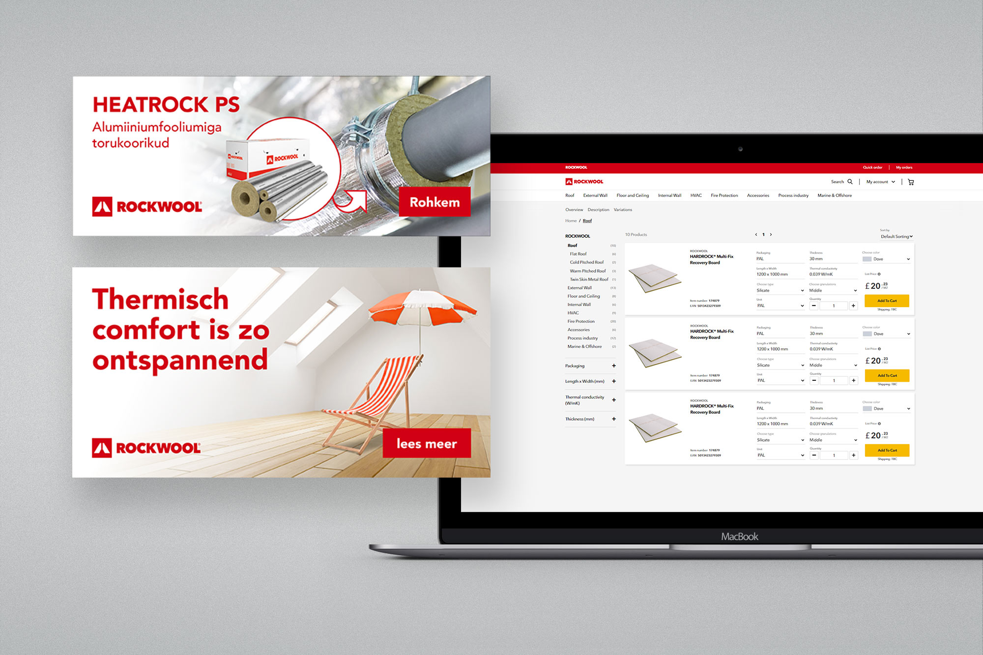 ROCKWOOL display banners (Estonia, Netherlands) and B2B webshop product page