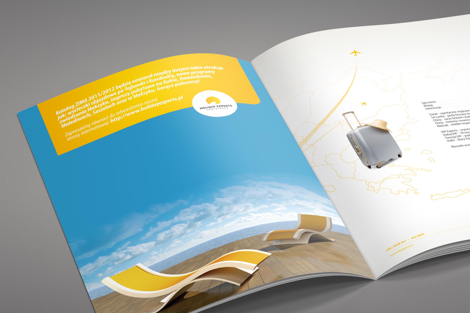 Holiday Experts – inside spread: terms and conditions with suitcase illustration