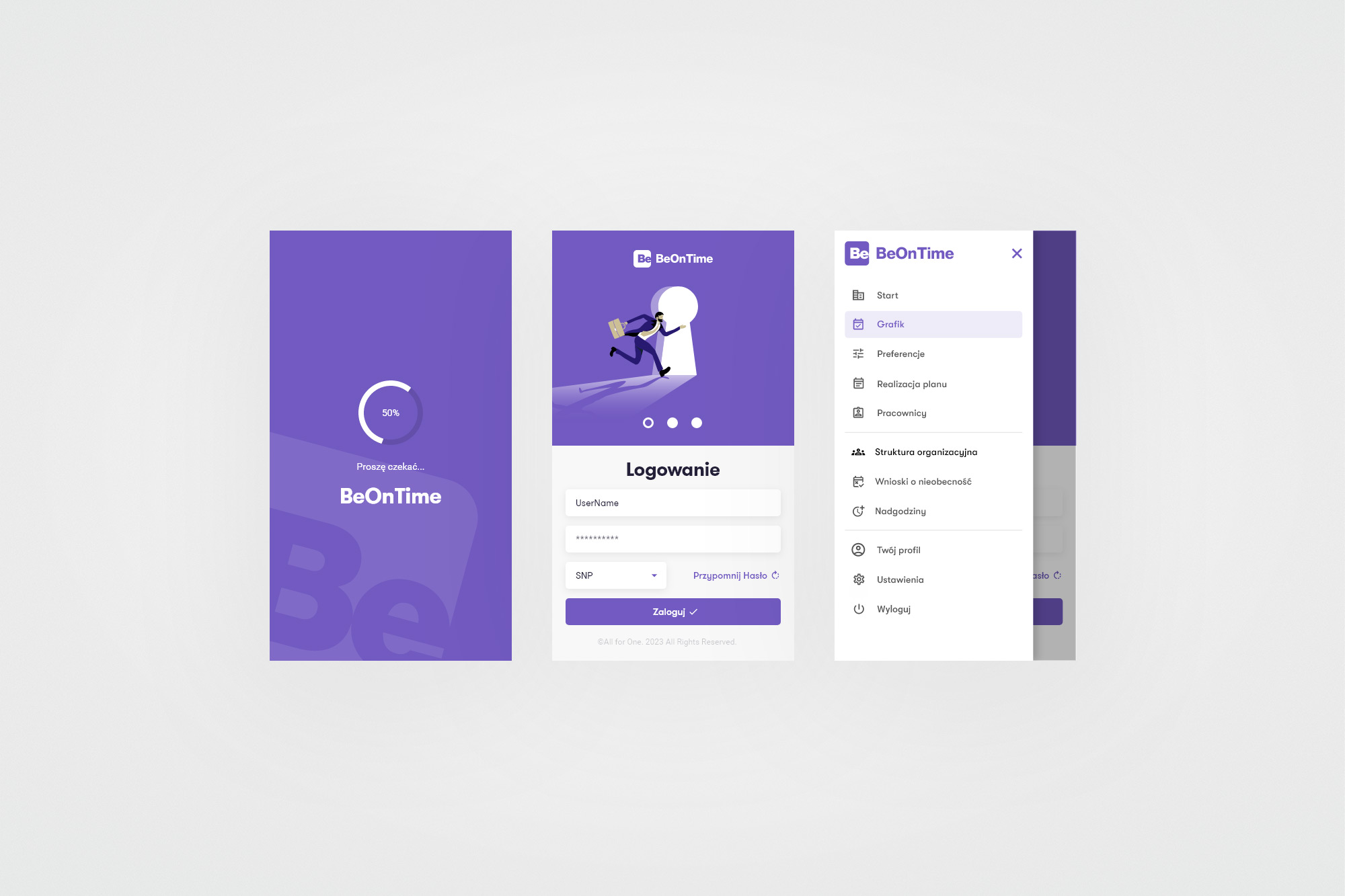 BeOnTime mobile - splash screen, login screen, and navigation drawer
