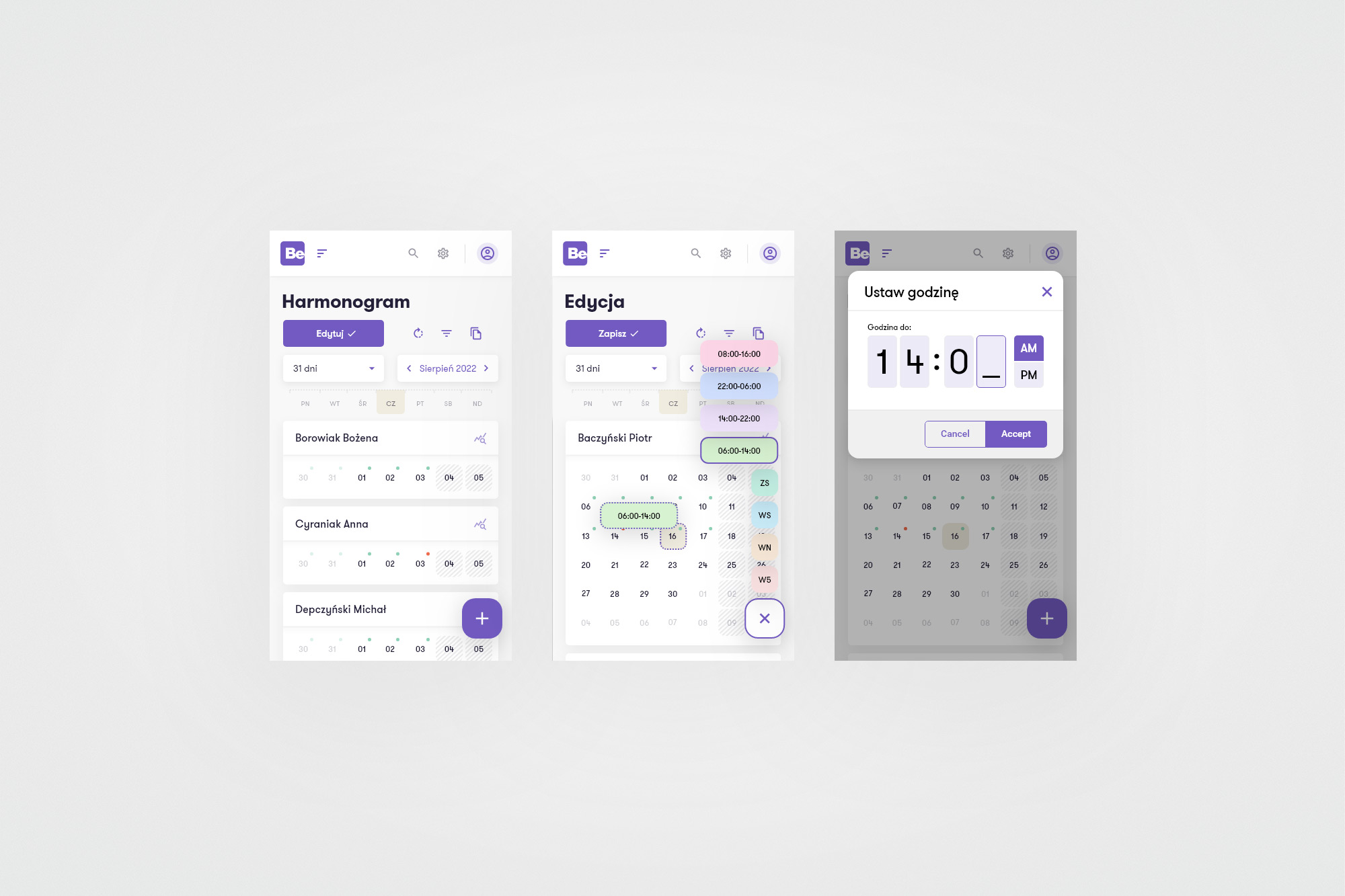 BeOnTime mobile - schedule view, shift editing, and time picker modal