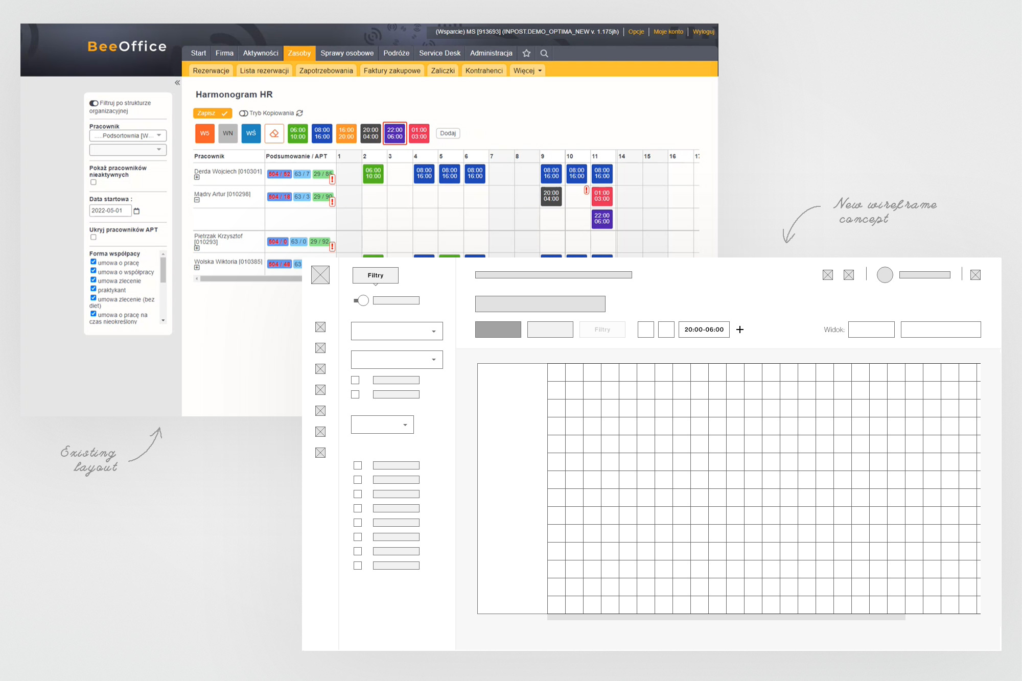 Old BeeOffice (top nav) and first lo-fi wireframe concept