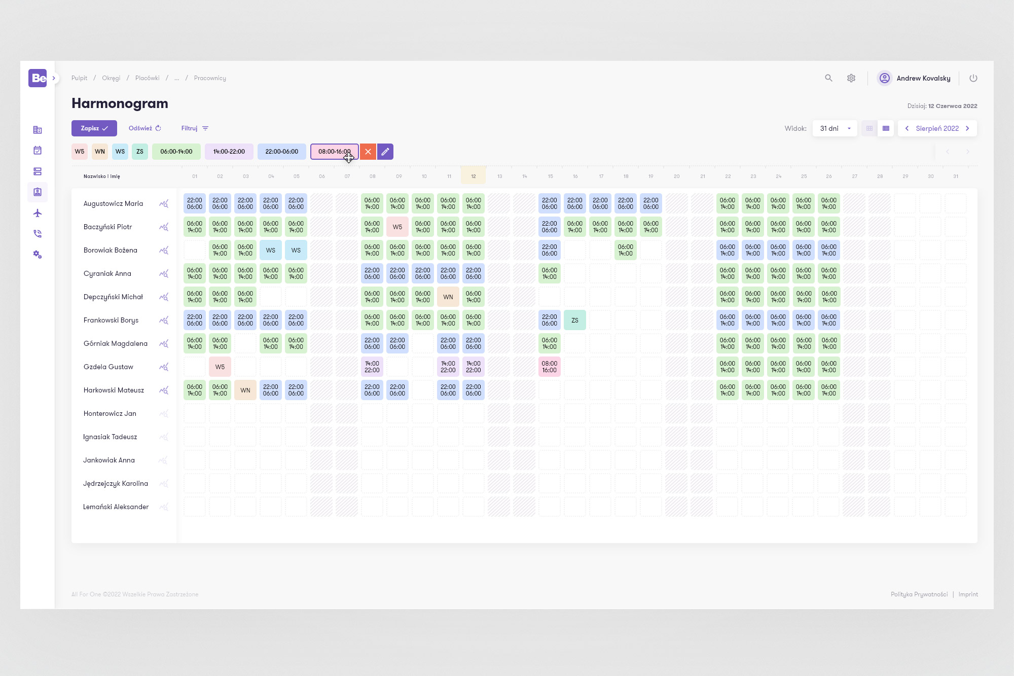 BeOnTime - schedule view with collapsed sidebar, maximum grid space