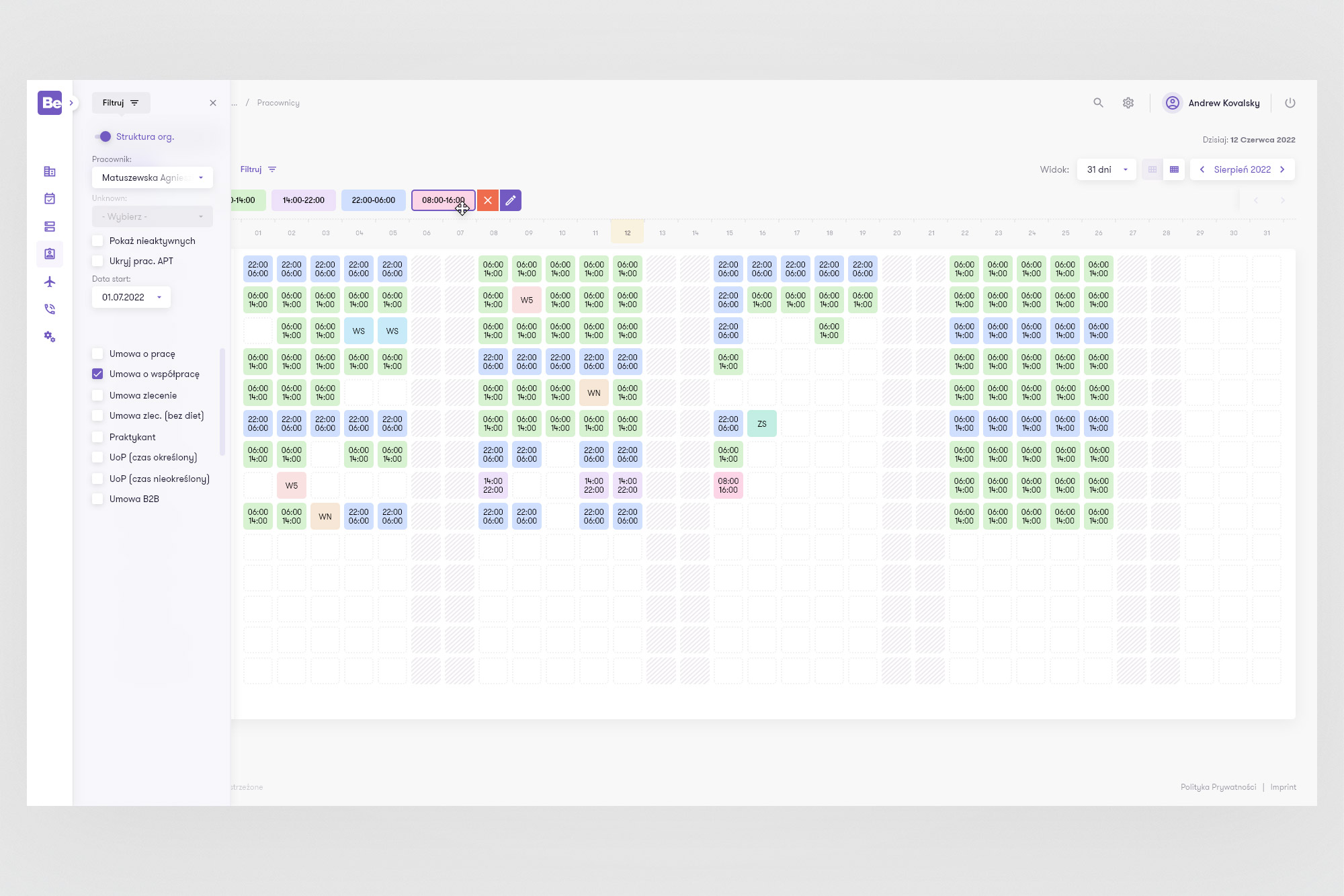BeOnTime - filter panel open alongside the schedule grid