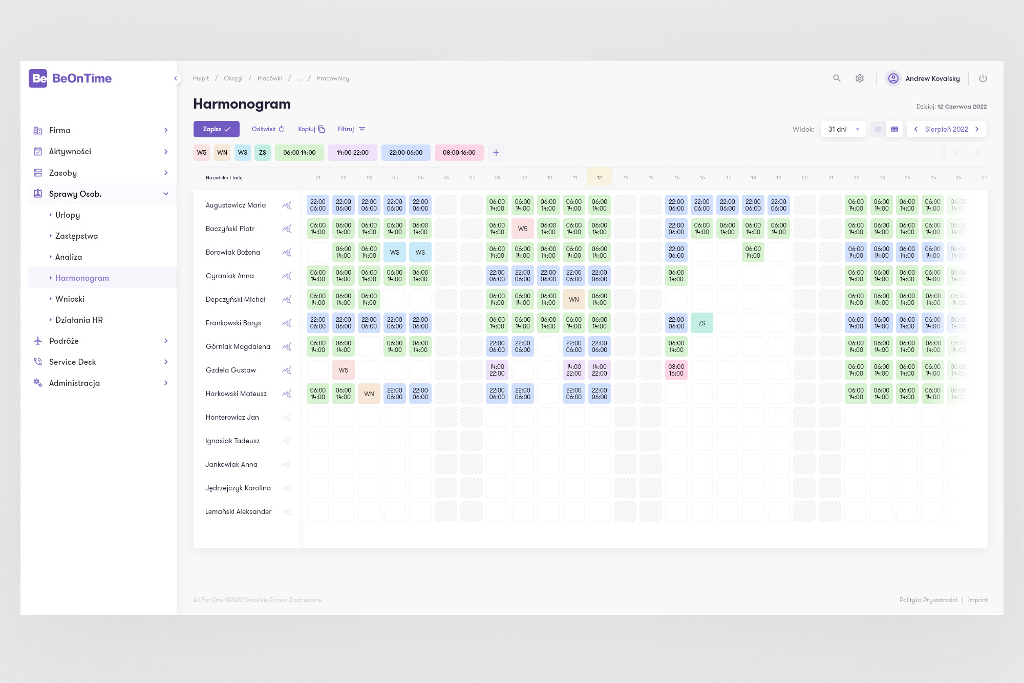 BeOnTime - full schedule view with expanded left navigation