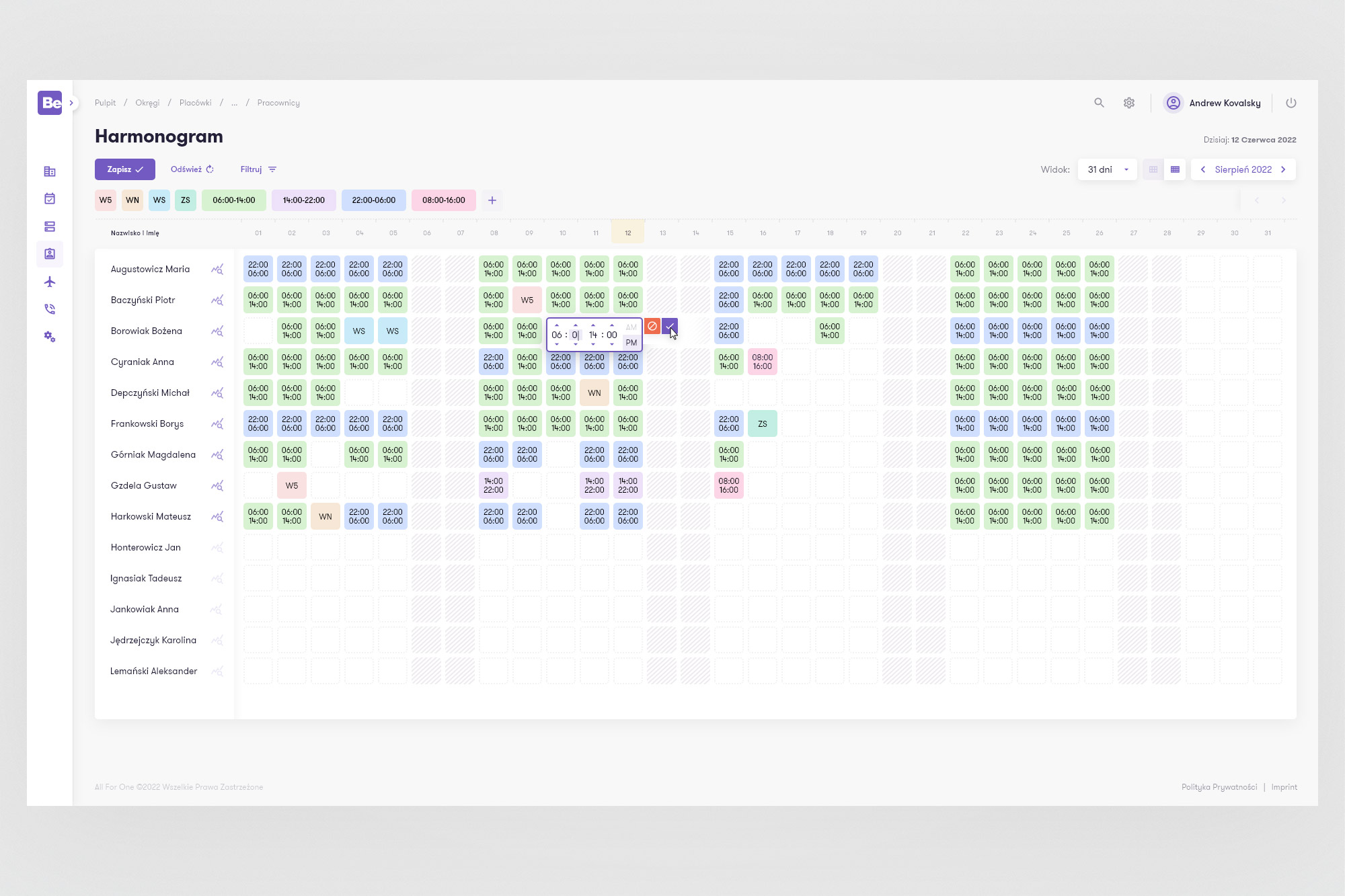 BeOnTime - inline time picker directly in schedule cell