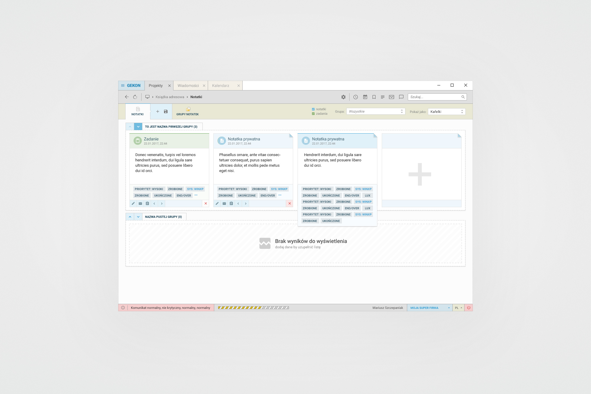 Connector Clouds – notes module in tile view with task cards and tag system