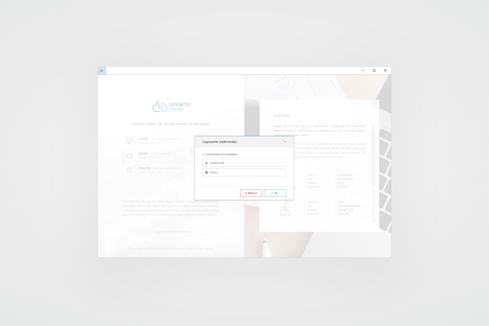 Connector Clouds – login modal overlay on launcher