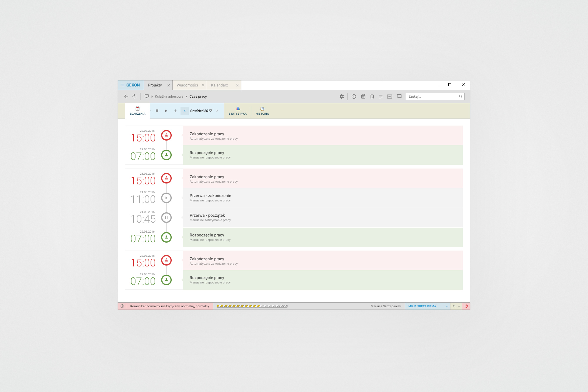 Connector Clouds – time tracking (Czas pracy) event timeline with start/end records