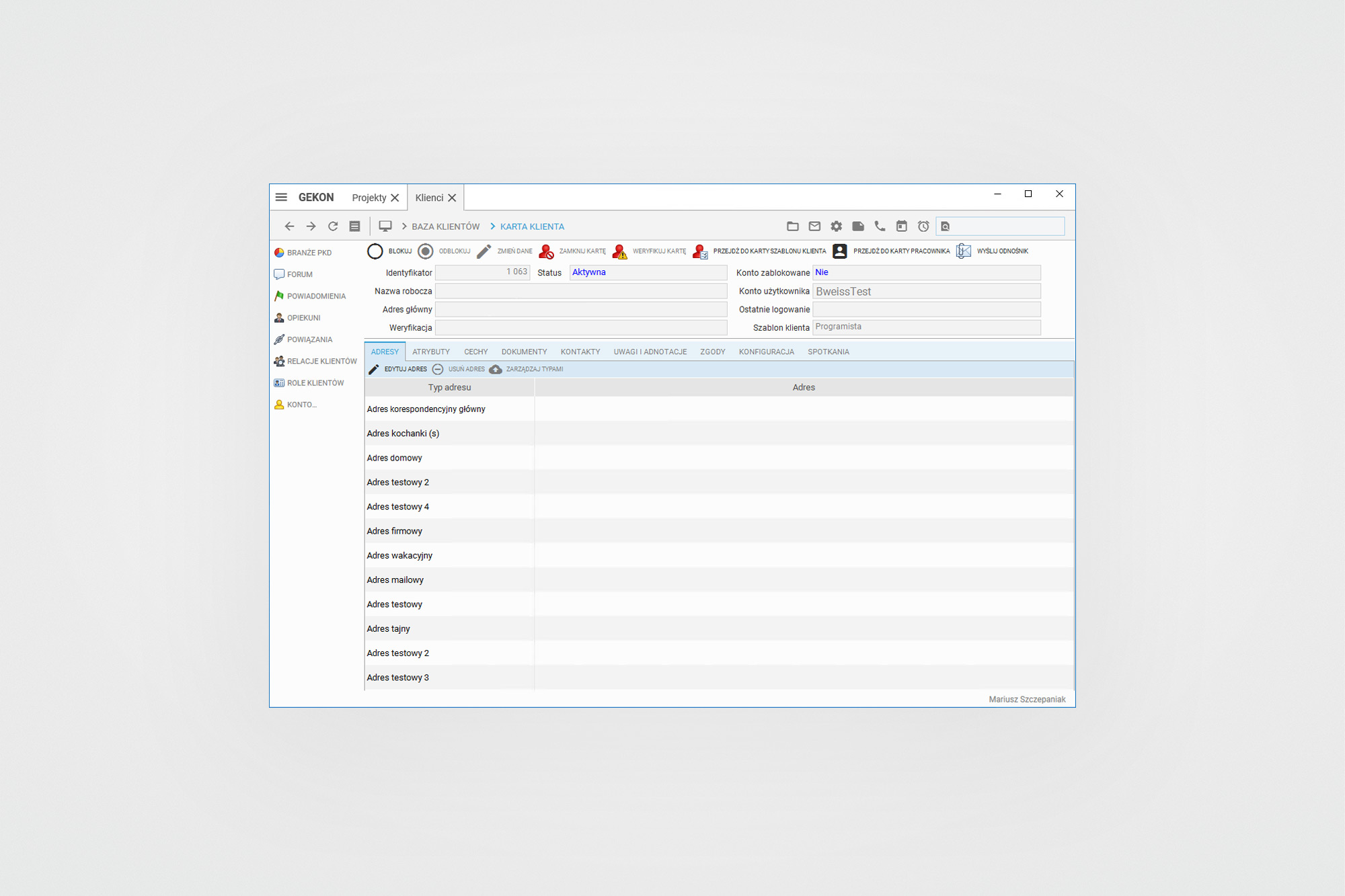 Connector Clouds – client card (Karta Klienta) with address types list