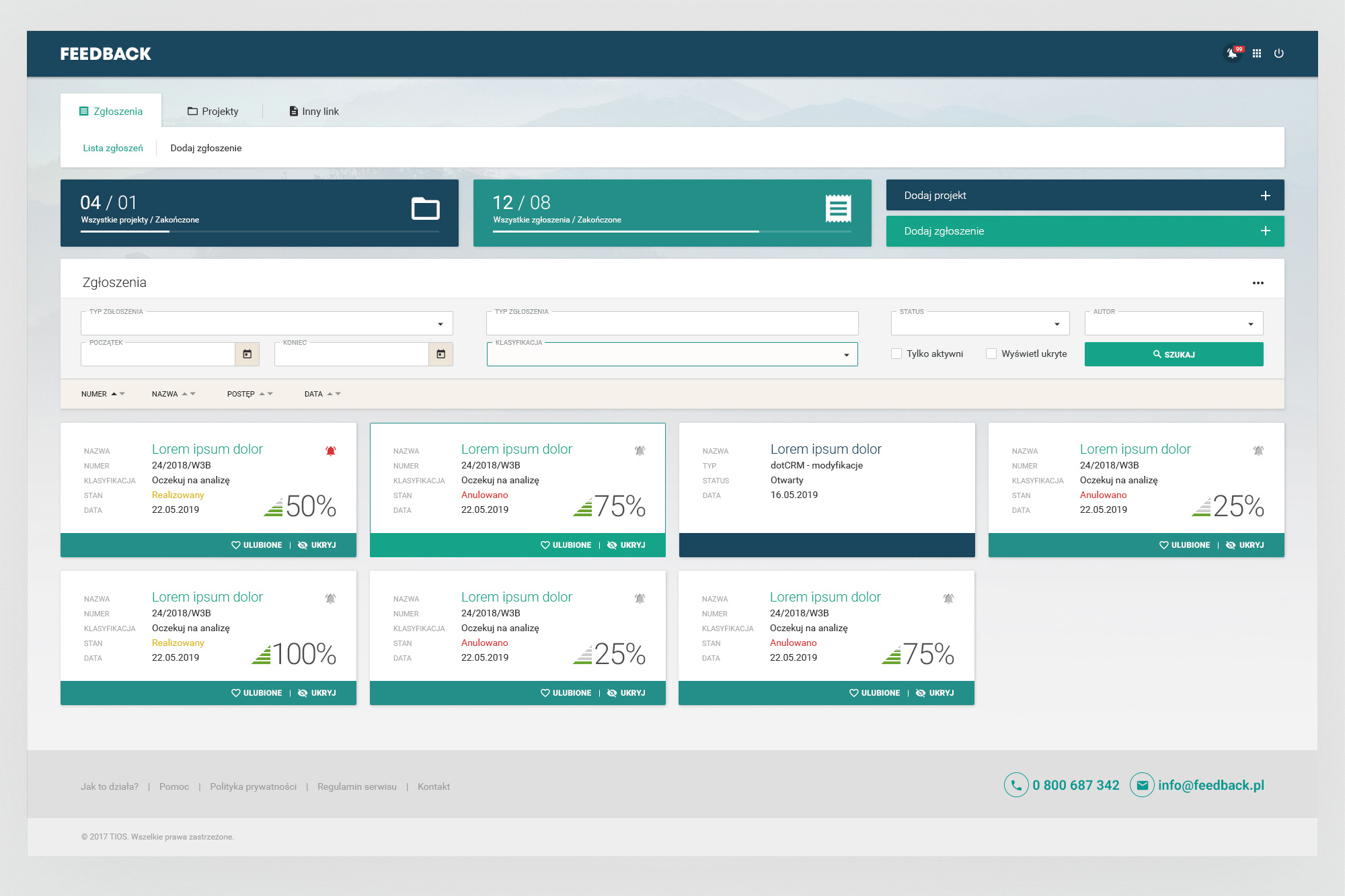 Feedback – submissions dashboard, card view