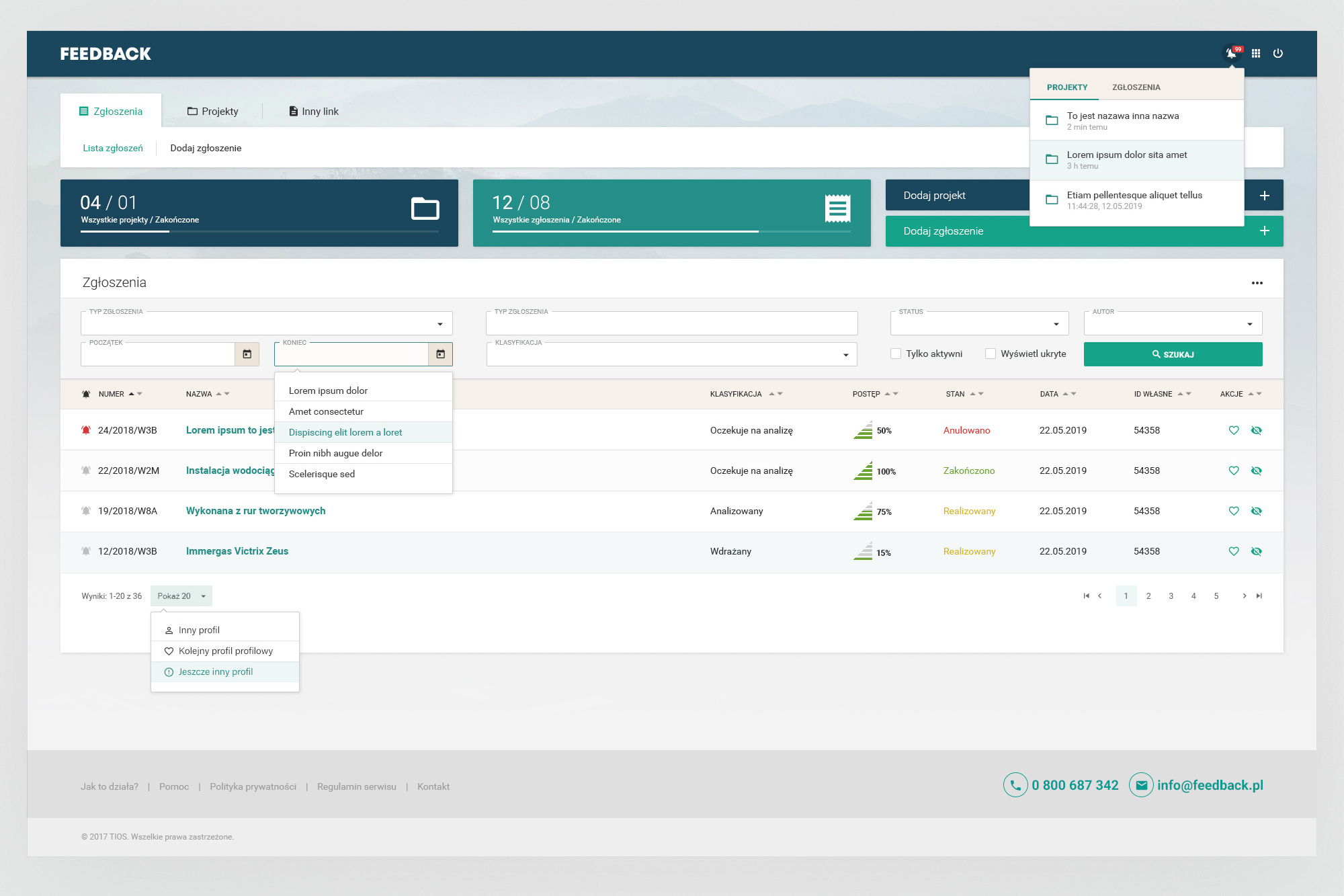Feedback – submissions dashboard, list view with notification panel and autocomplete