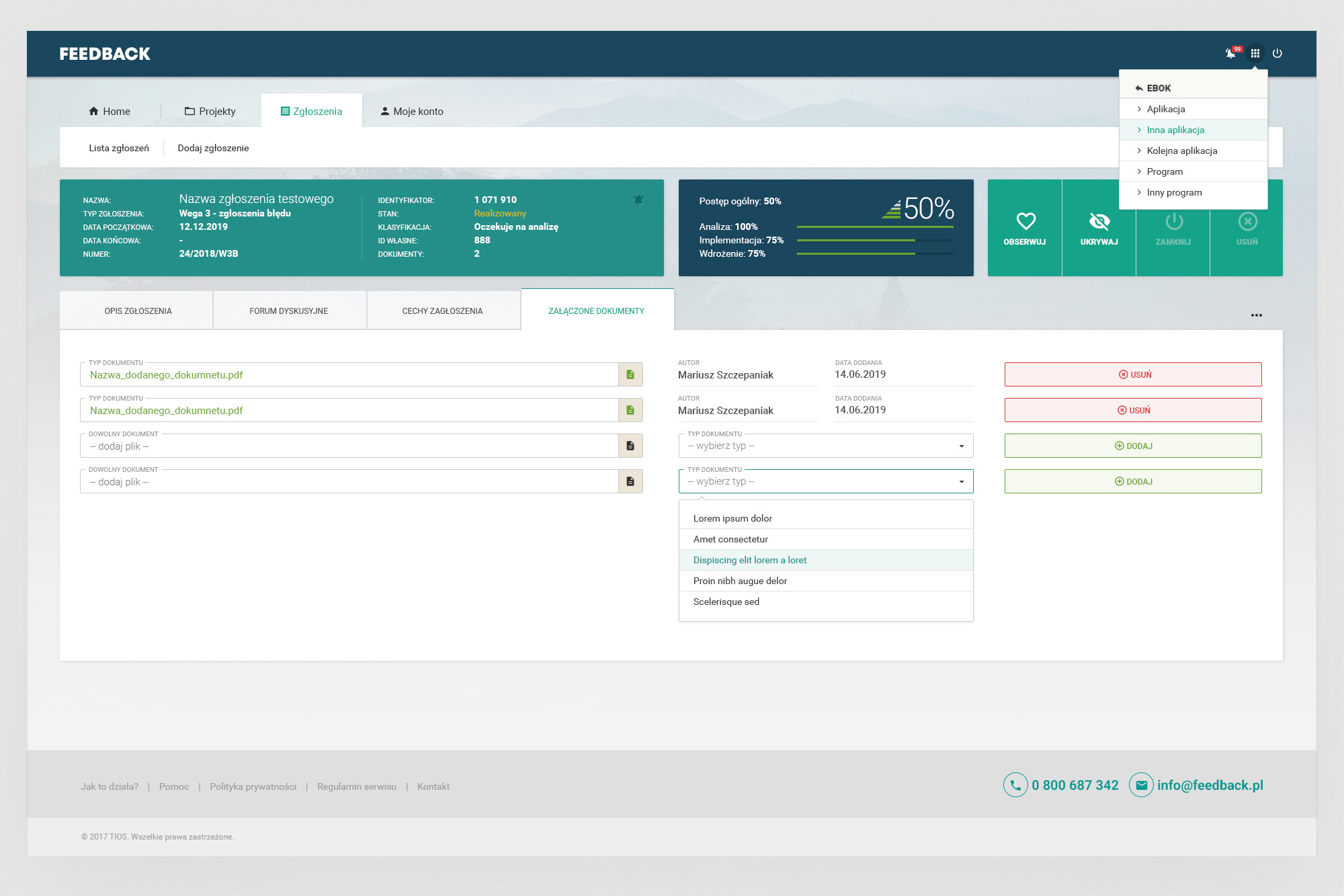Feedback – submission detail, attached documents tab with document type dropdown