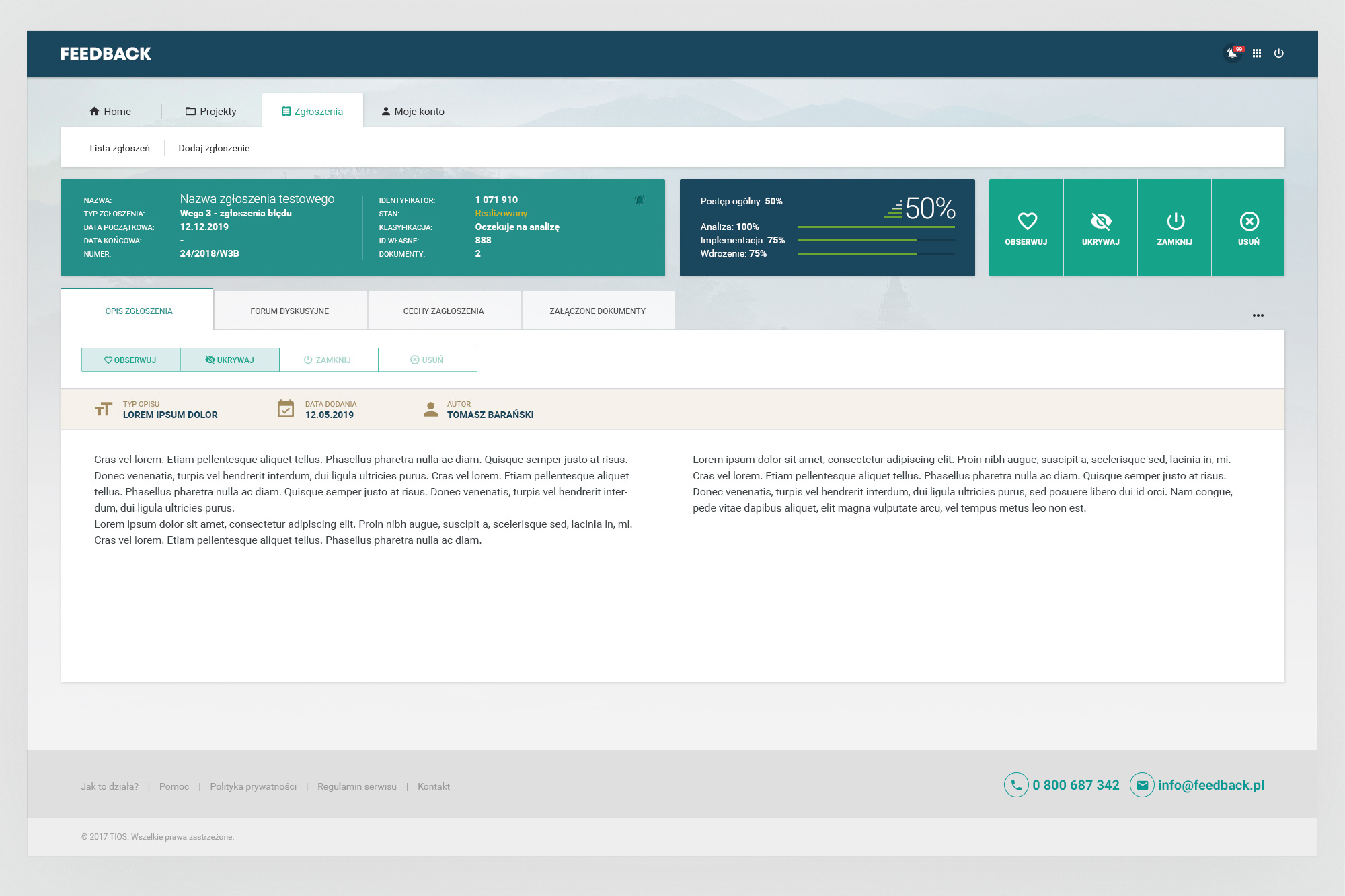 Feedback – submission detail, description tab showing full report content