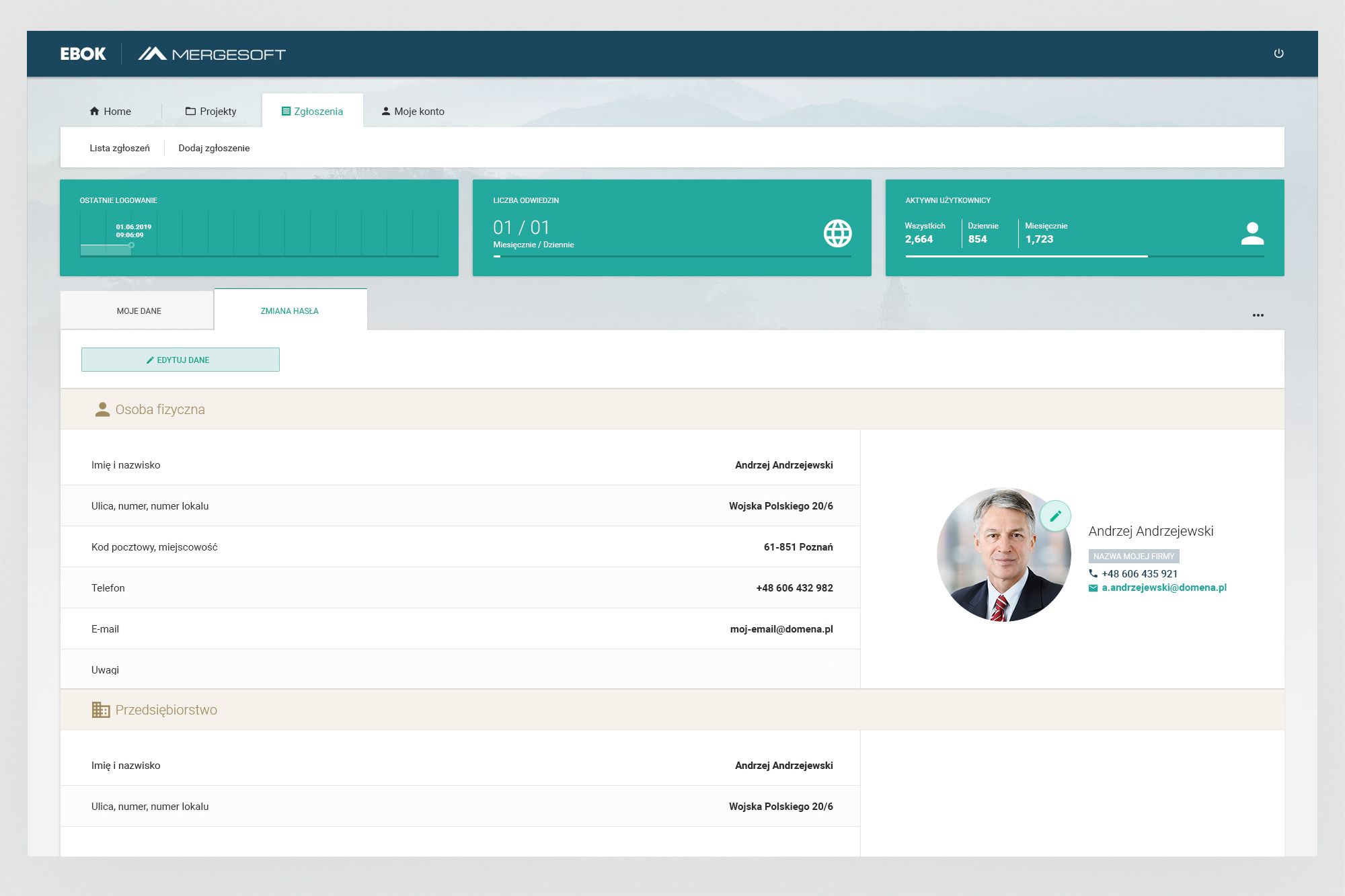 Feedback – EBOK account view with user profile, company details and admin statistics