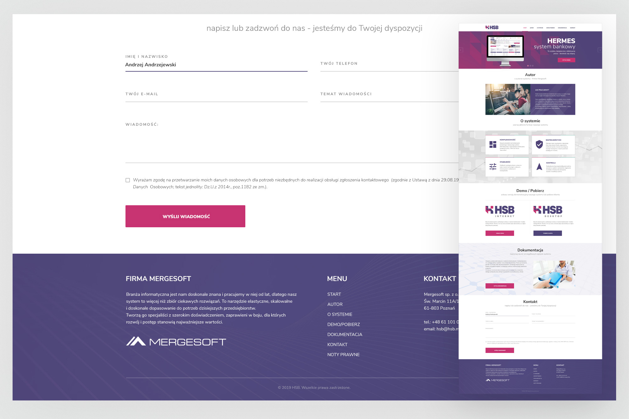 HSB – website contact form and footer