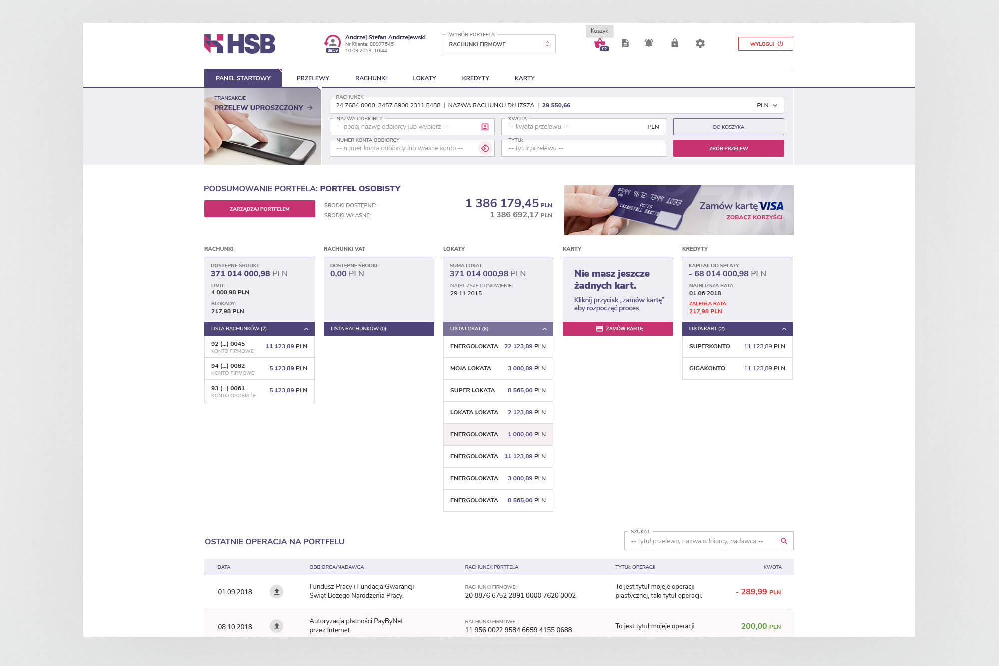 HSB – dashboard (Panel startowy) showing accounts, transfers and recent transactions