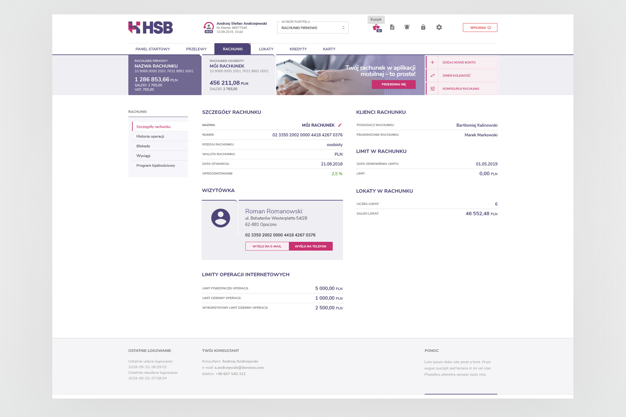 HSB – accounts module showing account details, client info and limits