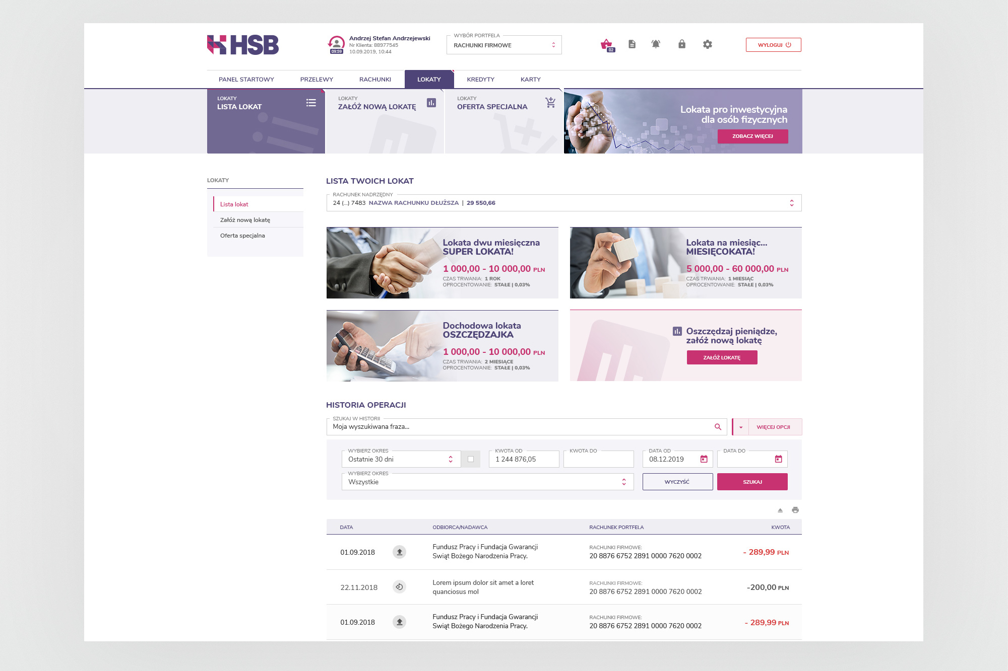 HSB – deposits module with deposit list, special offers and transaction history