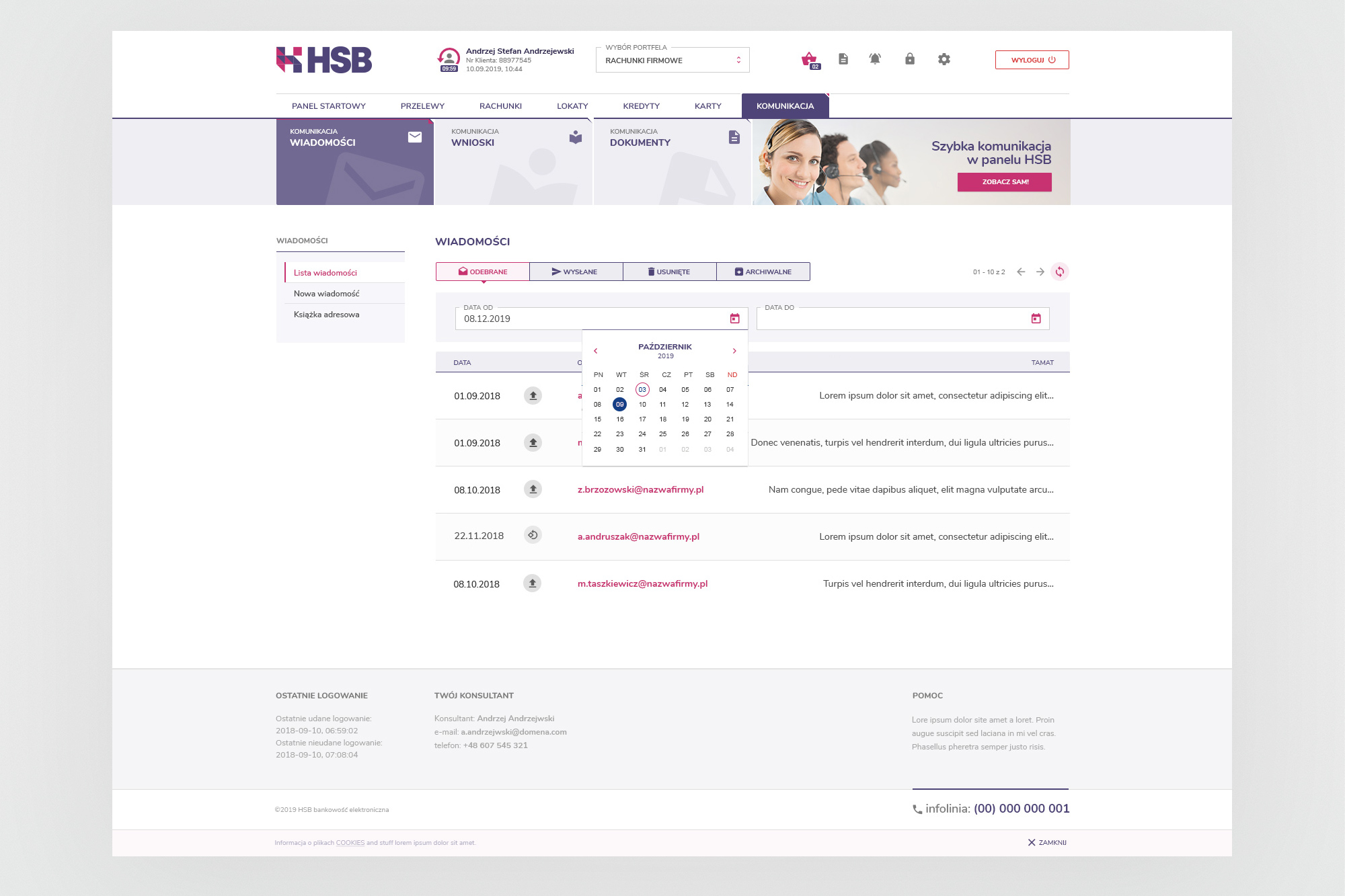 HSB – messaging module (Komunikacja) with inbox and date picker