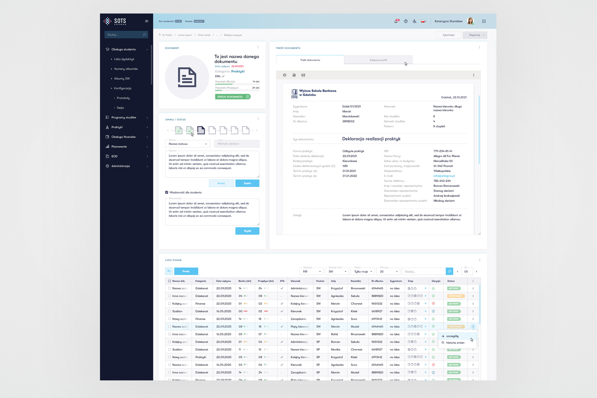 Production screen - data table