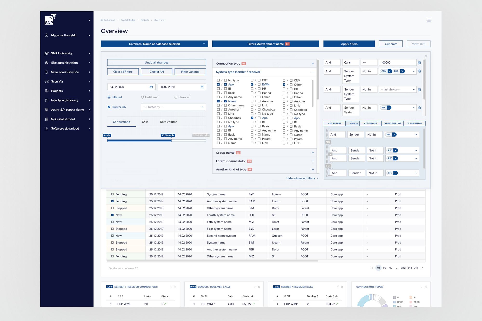 CrystalBridge 1.0 - Advanced Filter full-screen overlay, three-column layout