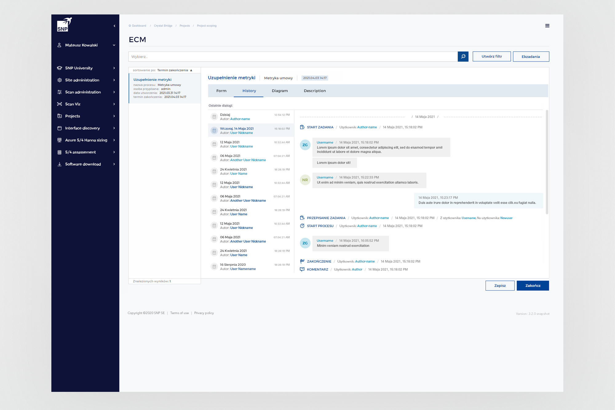 CrystalBridge 1.0 - ECM task detail with form, history, and dialog thread