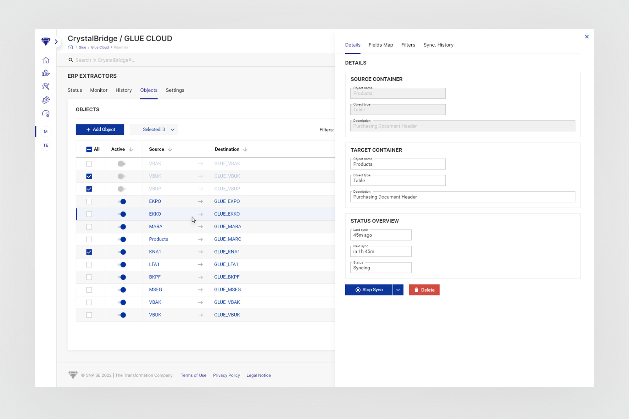 Objects tab with contextual detail side-panel