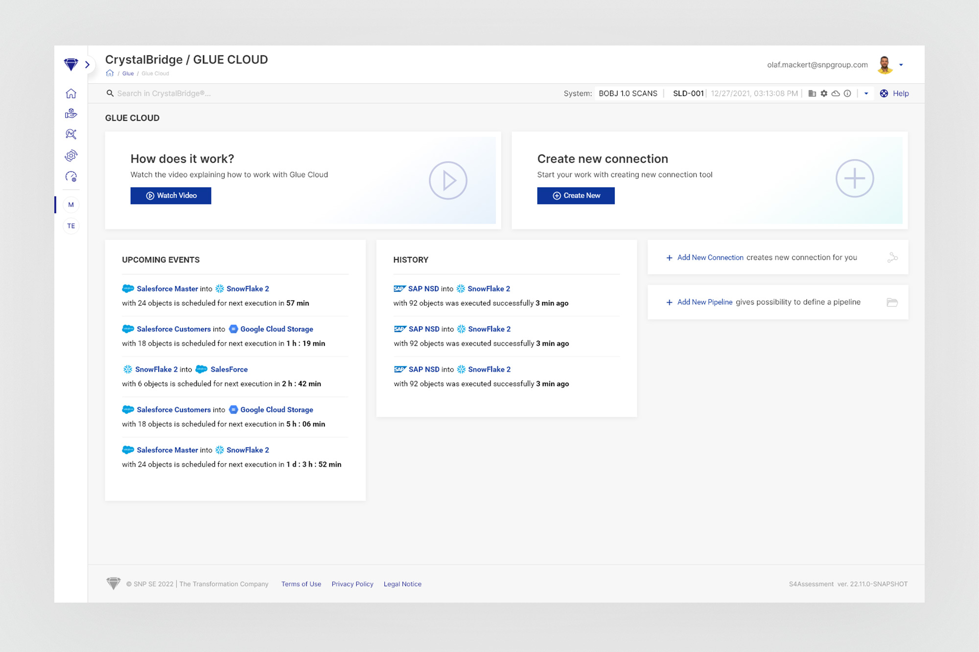 Glue Cloud dashboard - upcoming events, history, quick start