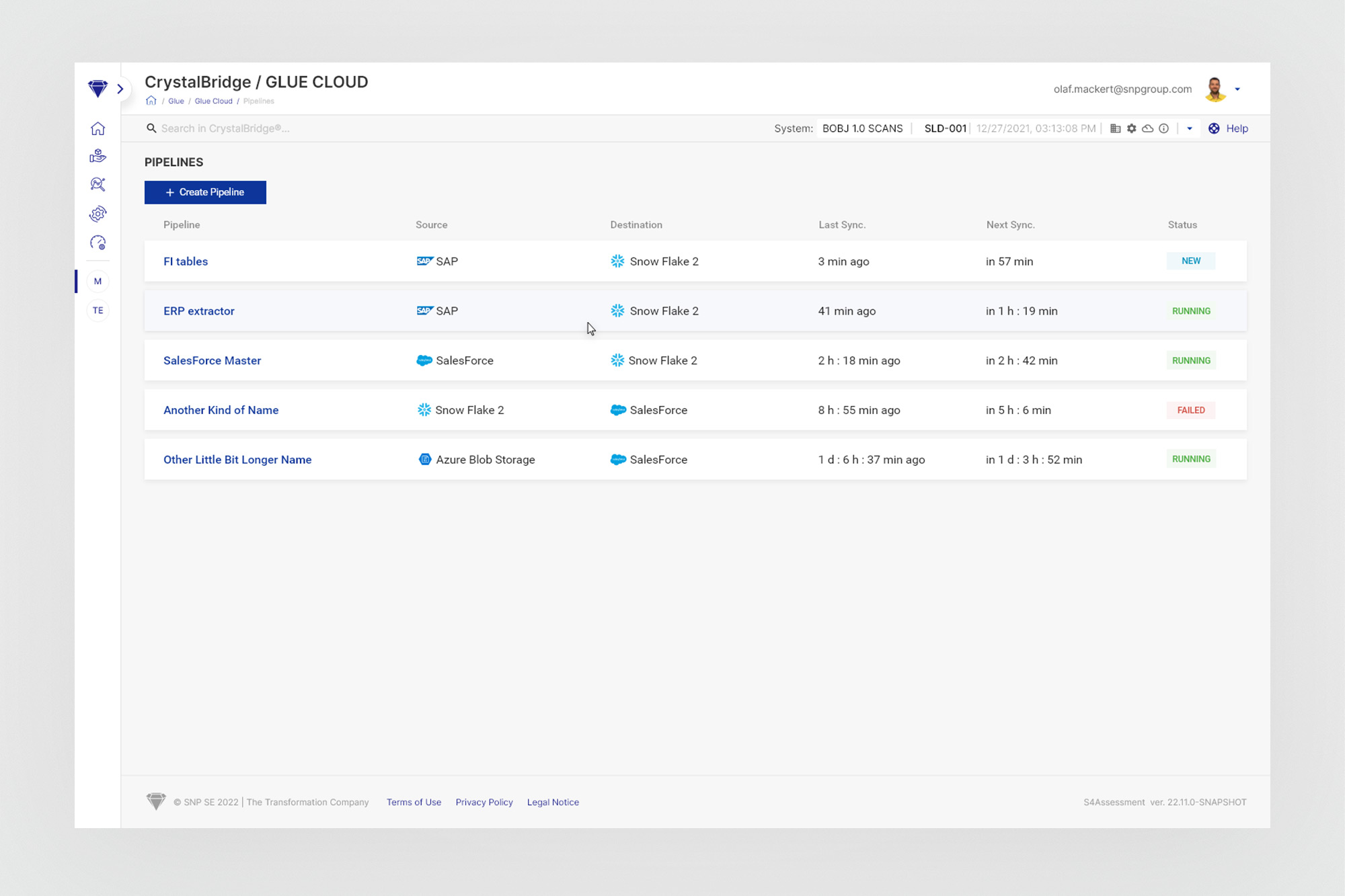 Pipelines list - source, destination, sync timing, status badges