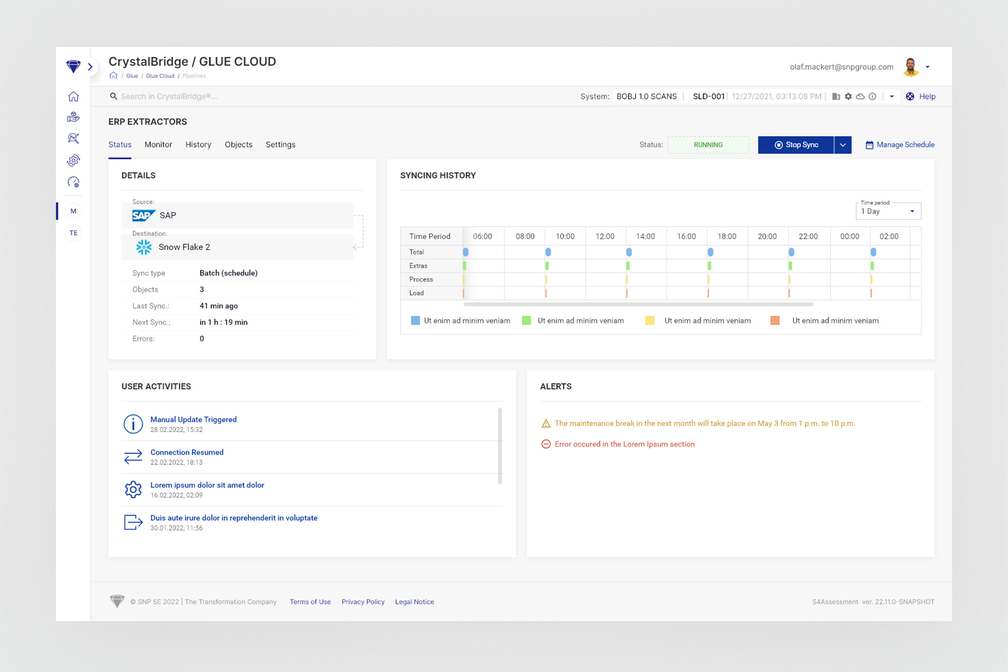 Pipeline detail - Status tab with syncing history timeline and alerts