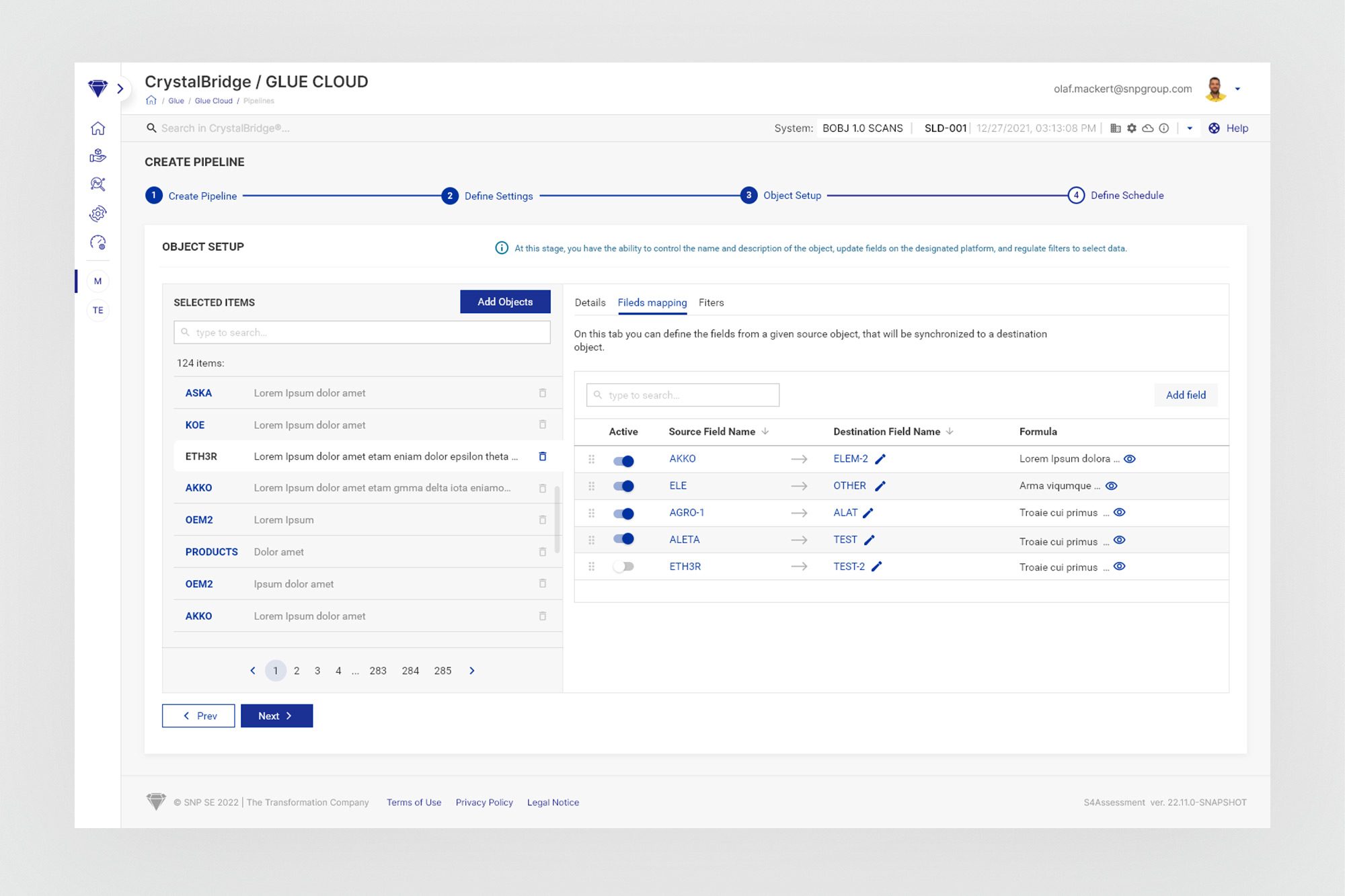 Create Pipeline wizard - Fields Mapping tab