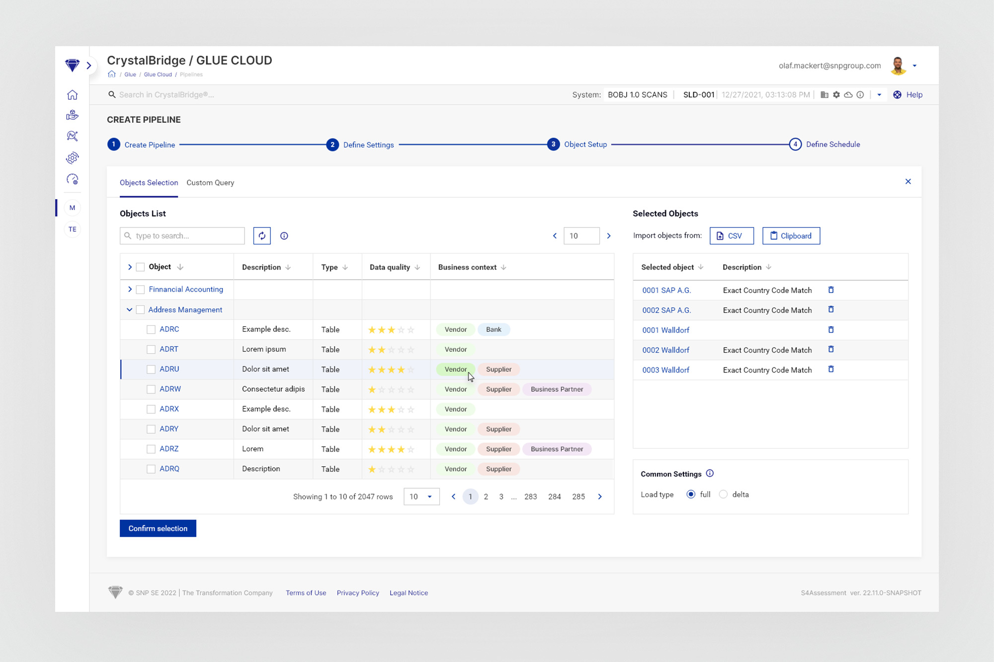 Create Pipeline wizard - Object Selection dual-pane view