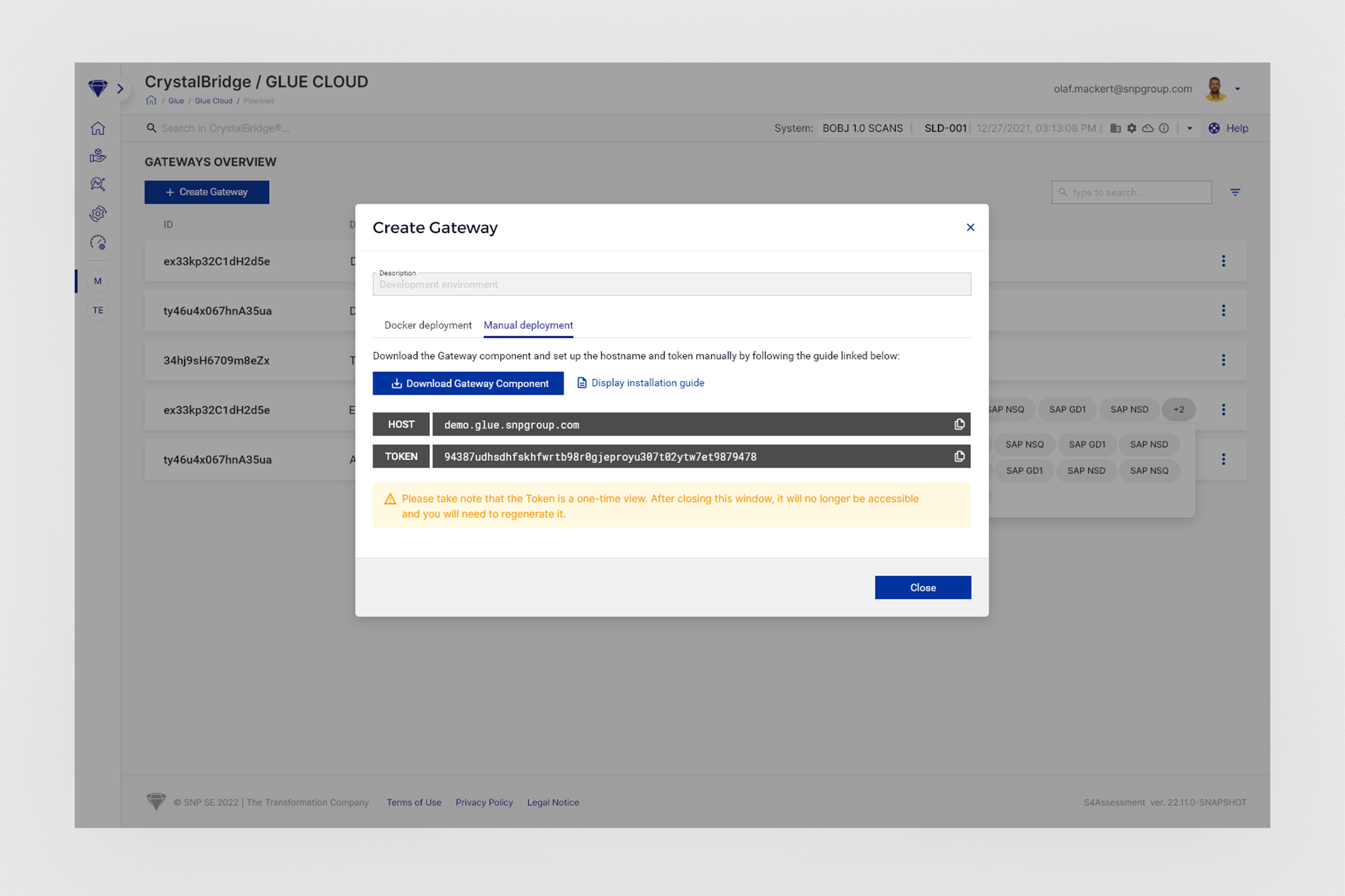 Gateways Overview - Create Gateway modal with Docker and manual deployment