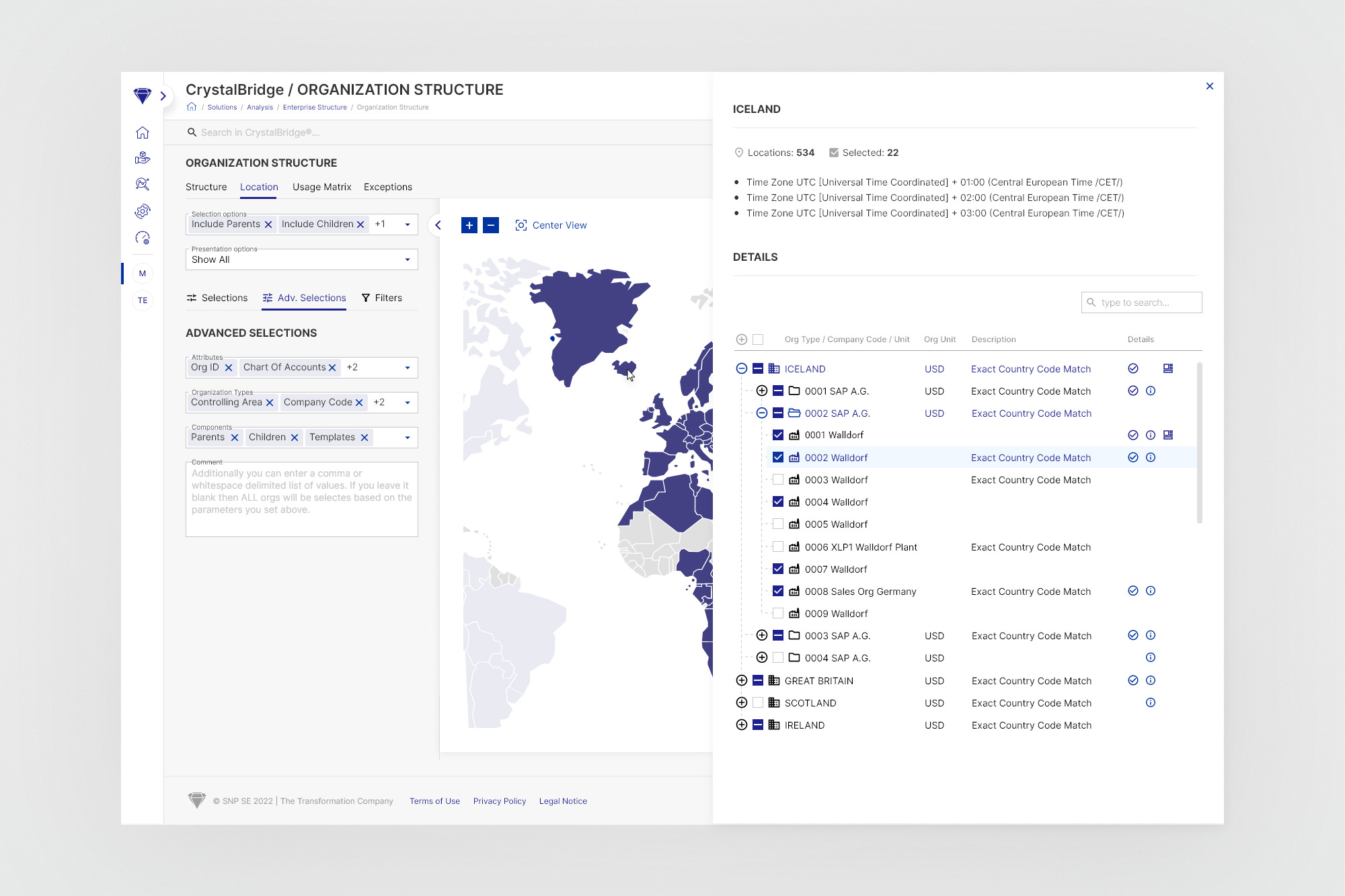 Location view - click on country reveals detail panel