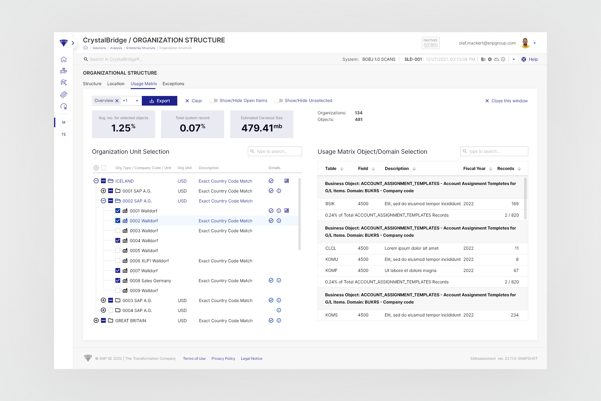 Selection Overview - detailed table for reviewing selected org units and business objects