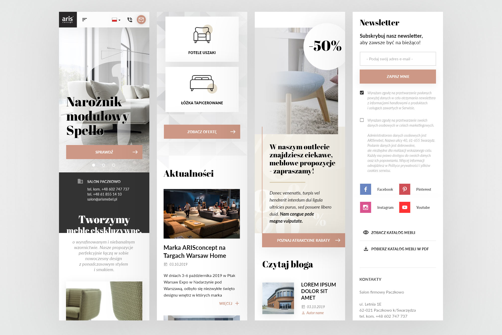 Aris Concept – mobile views across homepage, catalogue and product page
