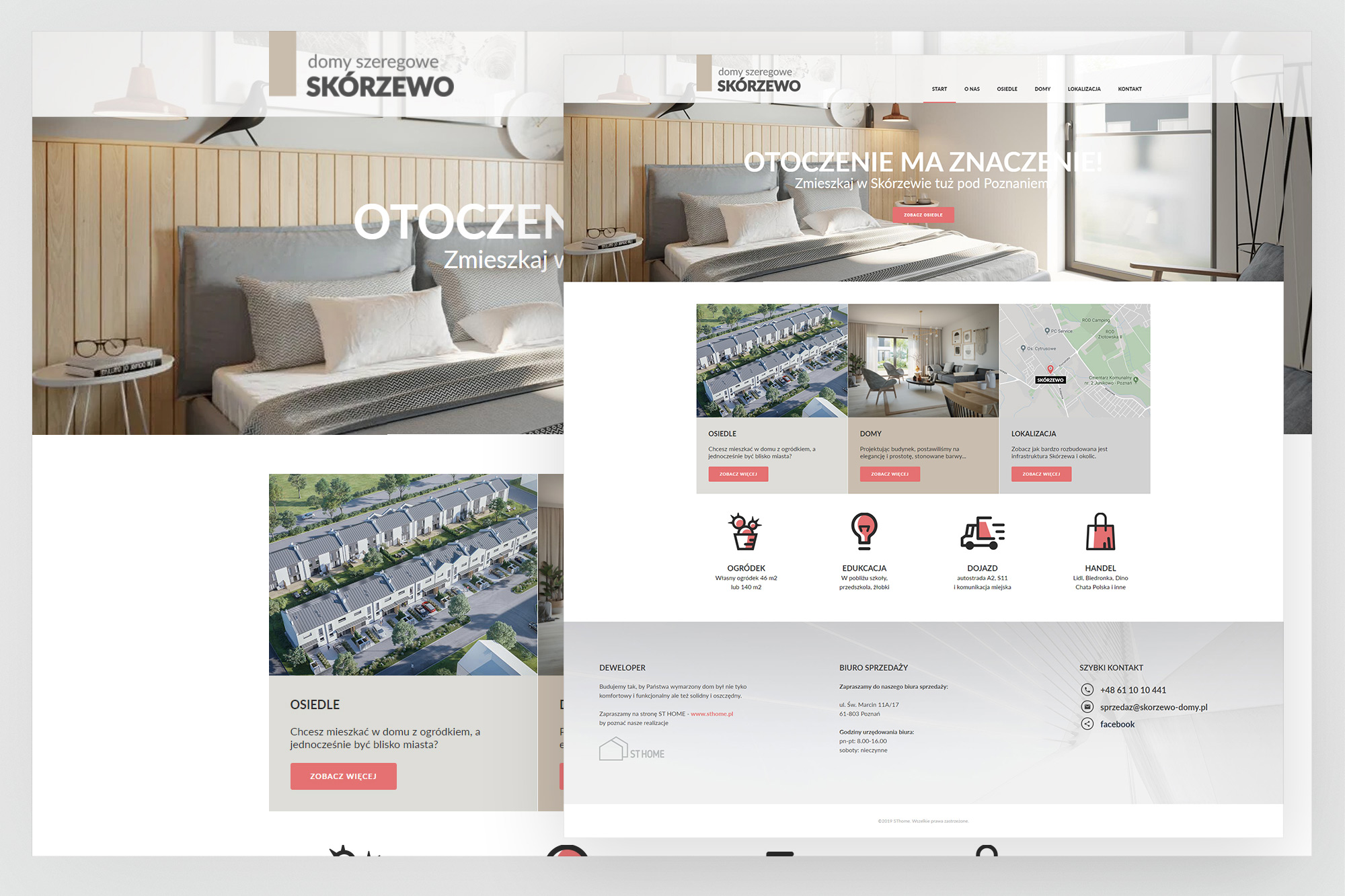 Skórzewo – homepage showing hero, estate overview, feature icons and footer