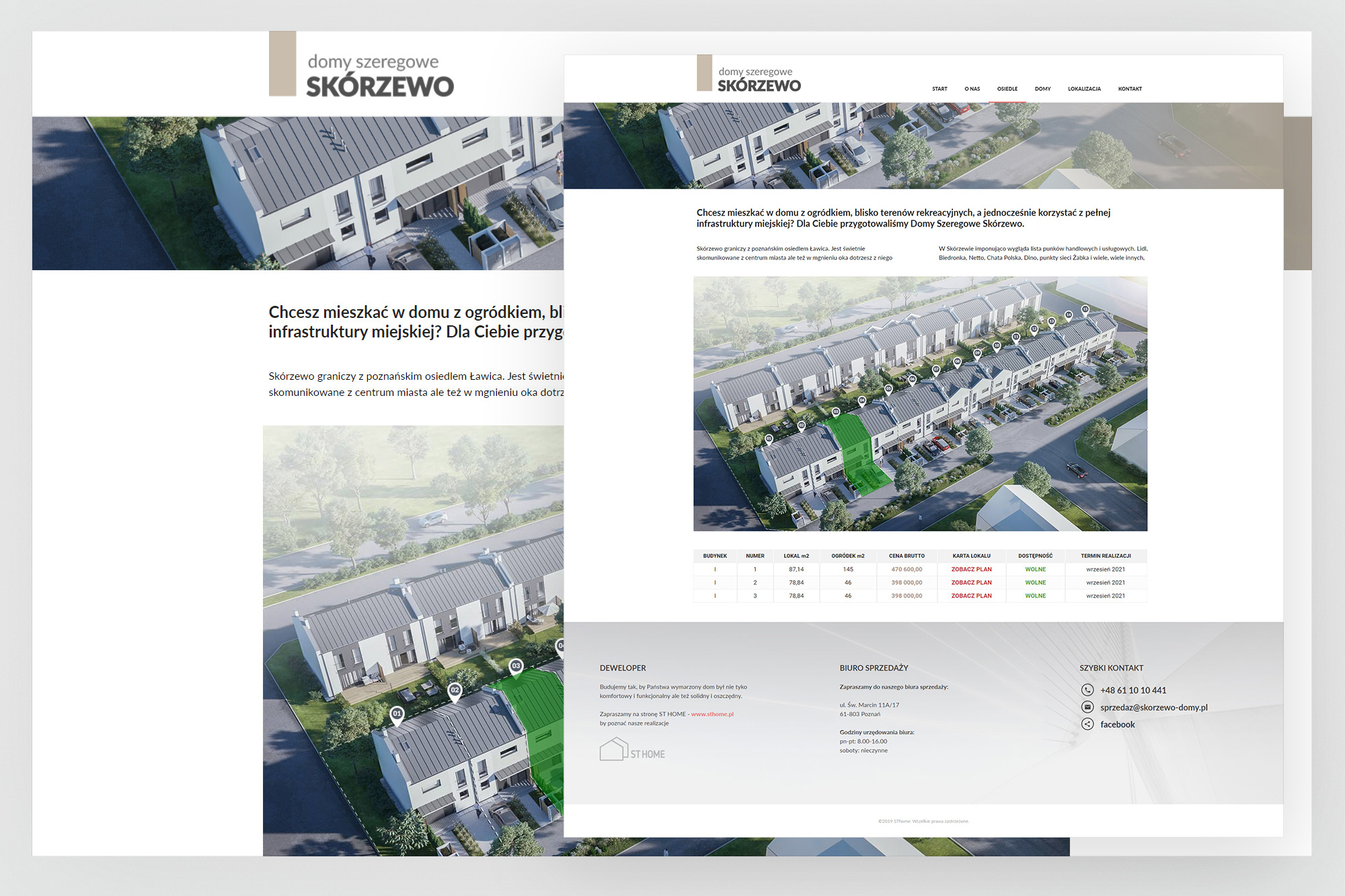Skórzewo – project page with aerial render, specification table and available units