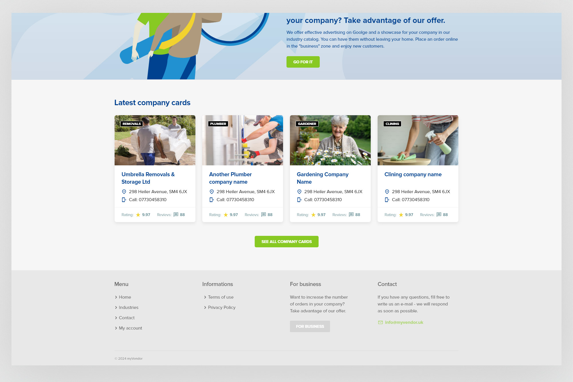 myvendor – homepage lower half: company cards, vendor CTA, footer