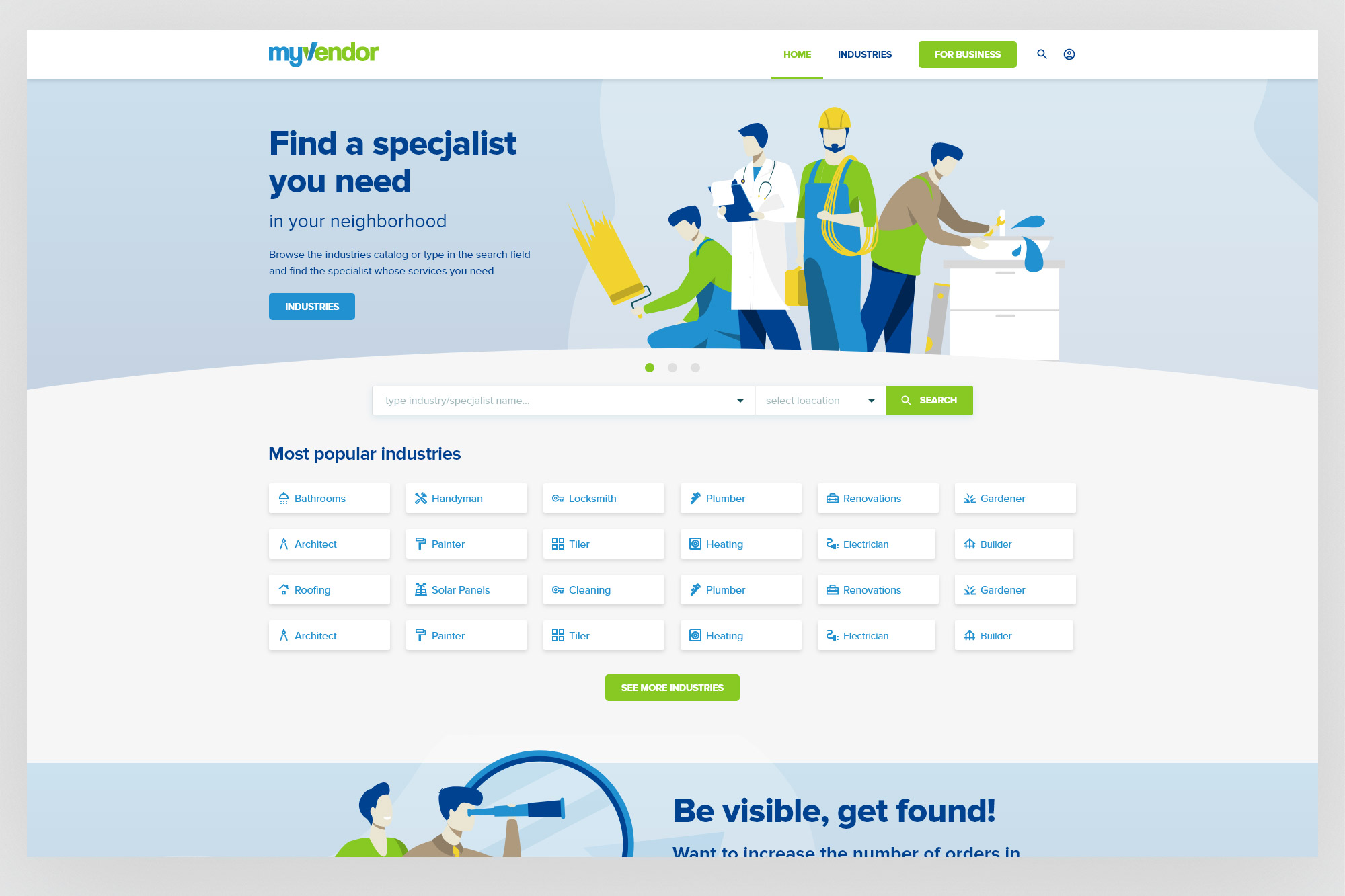 myvendor – homepage upper half: hero with search, popular industries grid